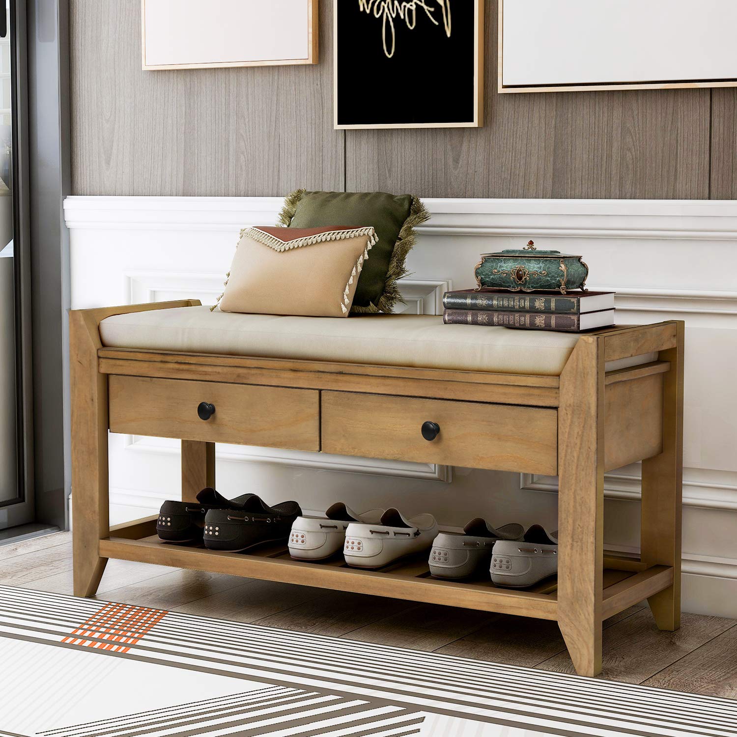Old Pine Storage Bench with Drawers - Multi-Functional Ottoman Shoe Rack with Cushioned Seat for Living Room, Entryway, Bedroom, Outdoor & Porch - Perfect for Home Organization and Extra Seating