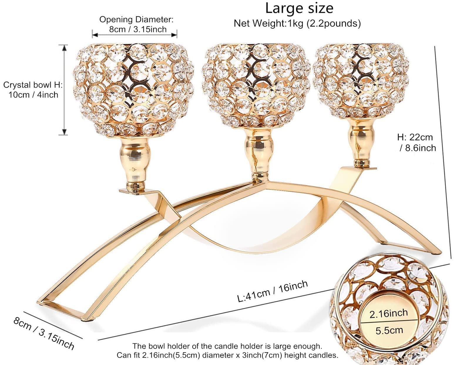 Gold Crystal Beaded 3-Arm Candelabra Candle Holder - Elegant Hurricane Tea Light Centerpiece for Wedding, Dining Table, Coffee Table Decor - Perfect Living Room & Dinner Table Decoration - Thoughtful Gift for Women, Wife, Mom - Ideal for Romantic Dinners, Holiday Decor & Special Occasions