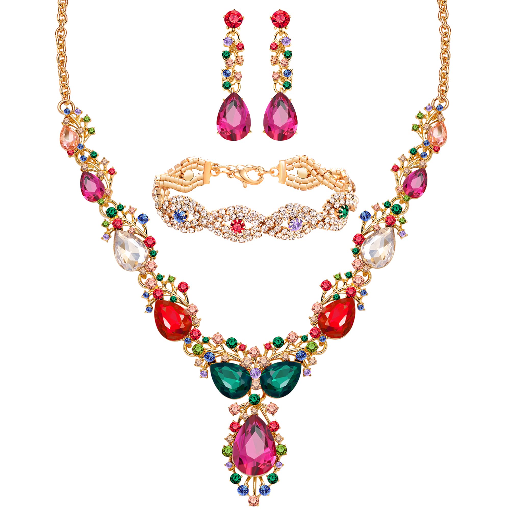 MIRACULOUS GARDEN 3/4 Piece Wedding Bridal Jewelry Set - Crystal Tiara Crown, Teardrop Necklace, Link Bracelet & Dangle Earrings for Women & Girls | Rhinestone Handbag Accessories | Perfect for Bridal Shower, Prom, Evening Gala & Special Occasions