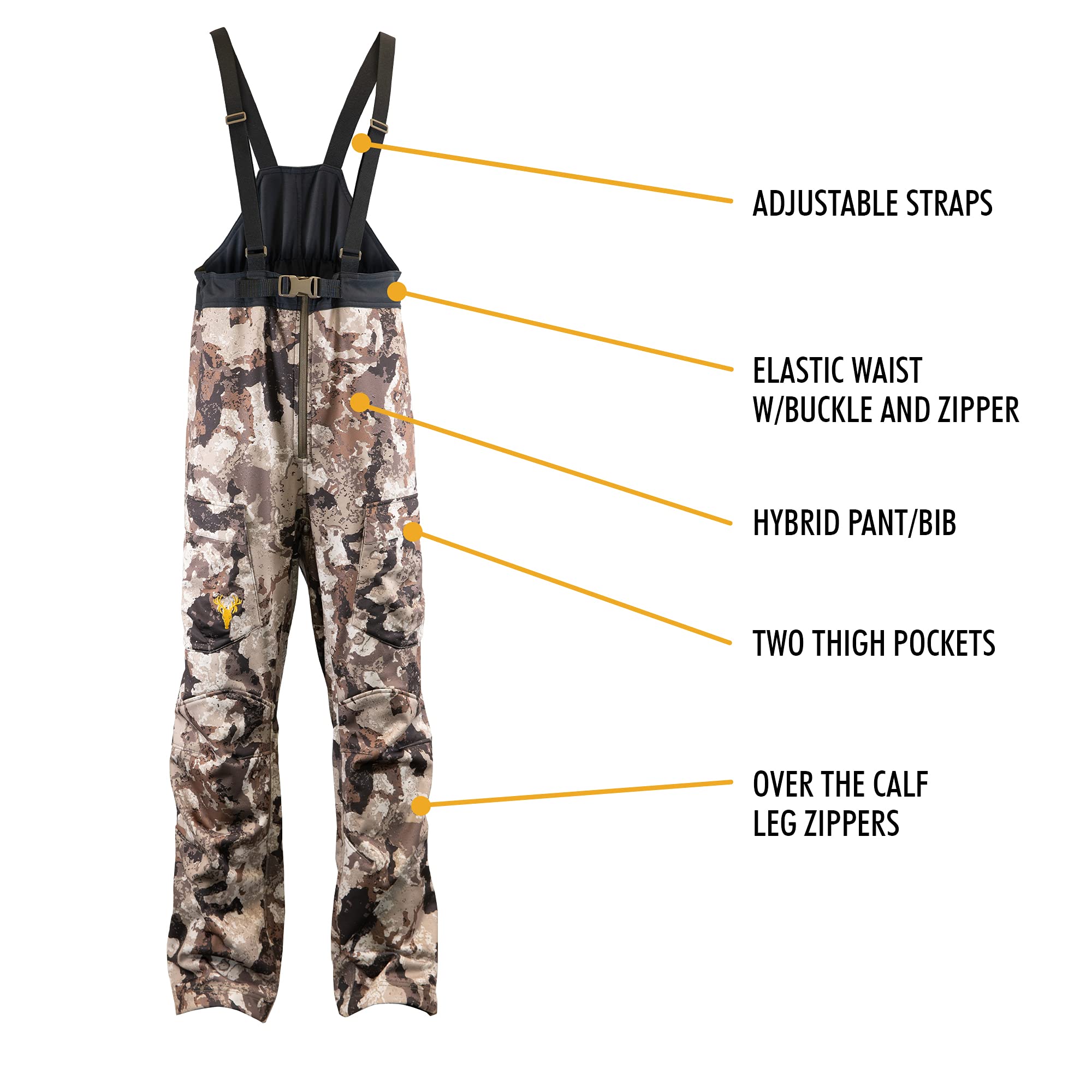Men's Camo Softshell Hunting Bib - Adjustable Stretch Midweight Water-Resistant Coveralls with Windproof Fleece Lining | Ideal for Cold Weather Hunting, Outdoor Work & Winter Sports