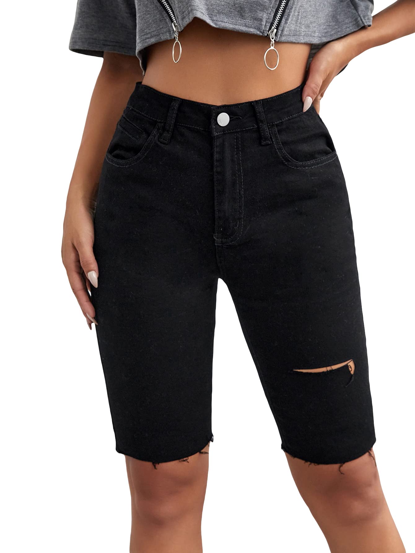 Floerns Women's High Waist Ripped Raw Hem Denim Jeans Bermuda Shorts - Stylish Distressed Denim Shorts for Summer, Casual Wear & Street Fashion