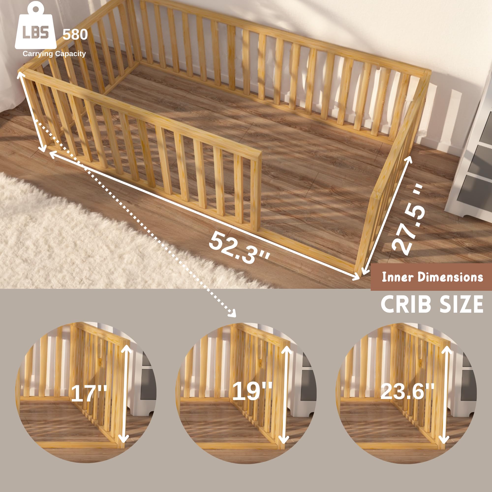Montessori Floor Bed for Toddlers & Kids 52x27.5 Inches - Solid Pine Wood Baby Bed with Safety Guardrails | Low Profile Crib (17