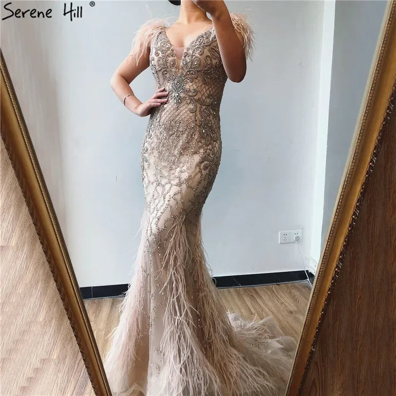 Serene Hill Champagne Mermaid Elegant Evening Gown with Diamond Feathers - Sleeveless Formal Luxury Beaded Dress LA70350 | Perfect for Prom, Gala, Wedding & Black Tie Events