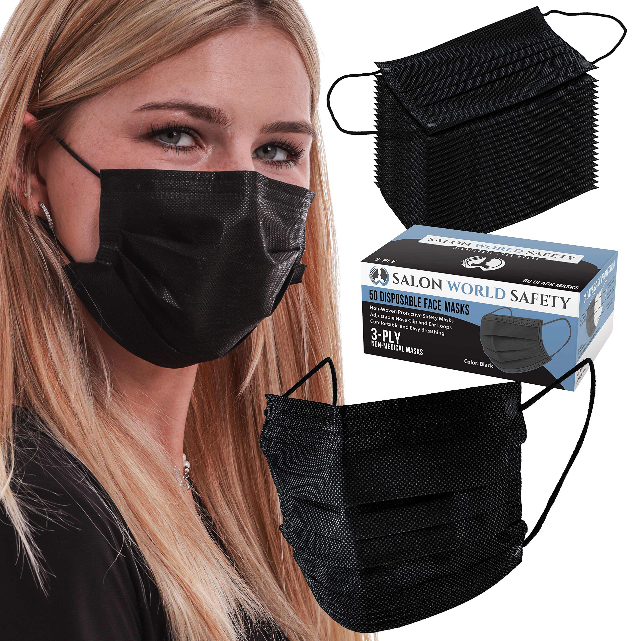 TCP Global Salon World Safety - 50 Pack Black Disposable 3-Ply Face Masks for Salon, Spa & Healthcare Professionals | PPE Protection for Hair Stylists, Estheticians & Medical Workers