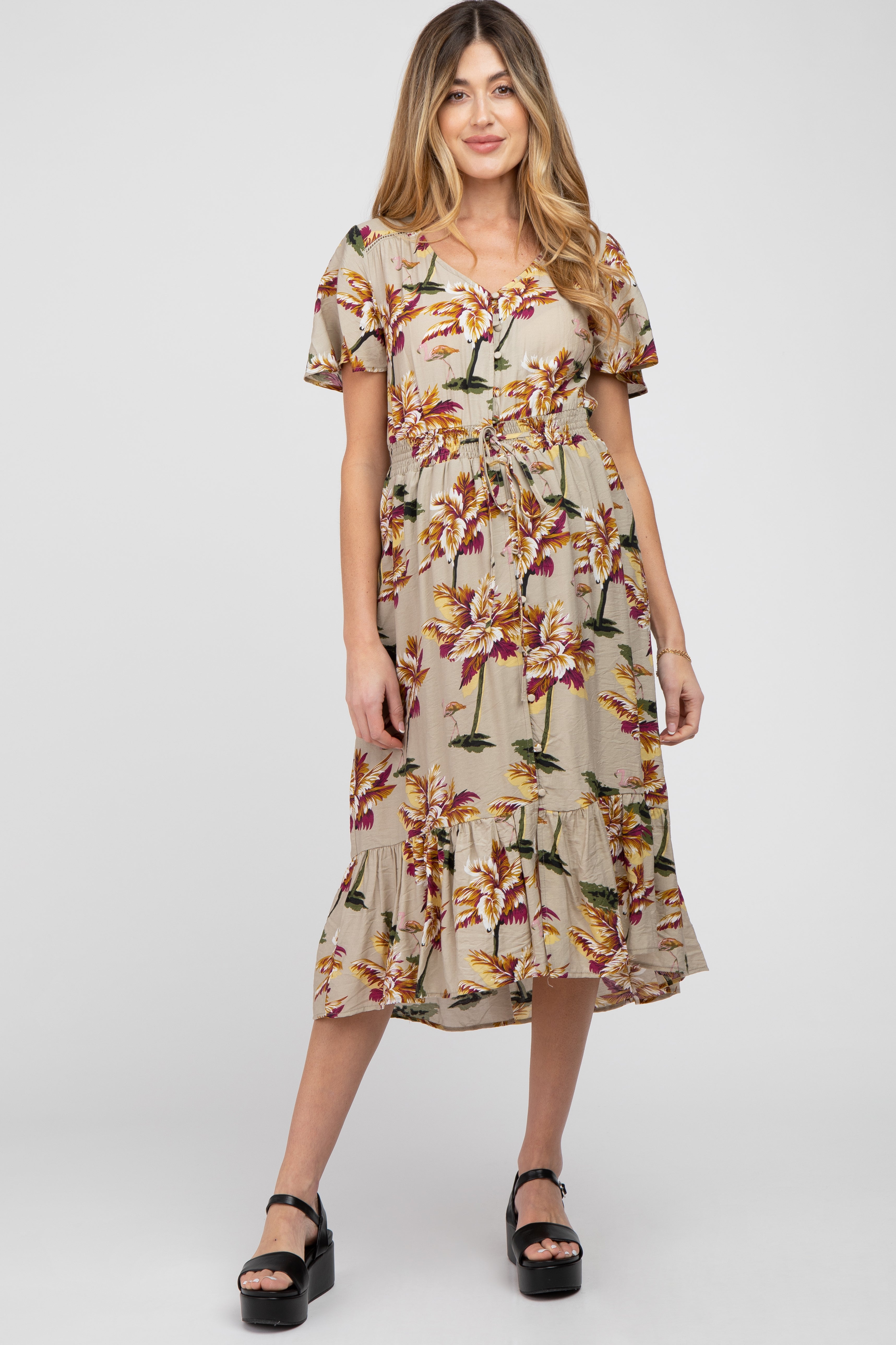 Beige Floral Button Maternity Midi Dress for Pregnancy - Comfortable Stretchy Nursing Dress for Women, Perfect for Baby Shower, Maternity Photo Shoot & Everyday Wear