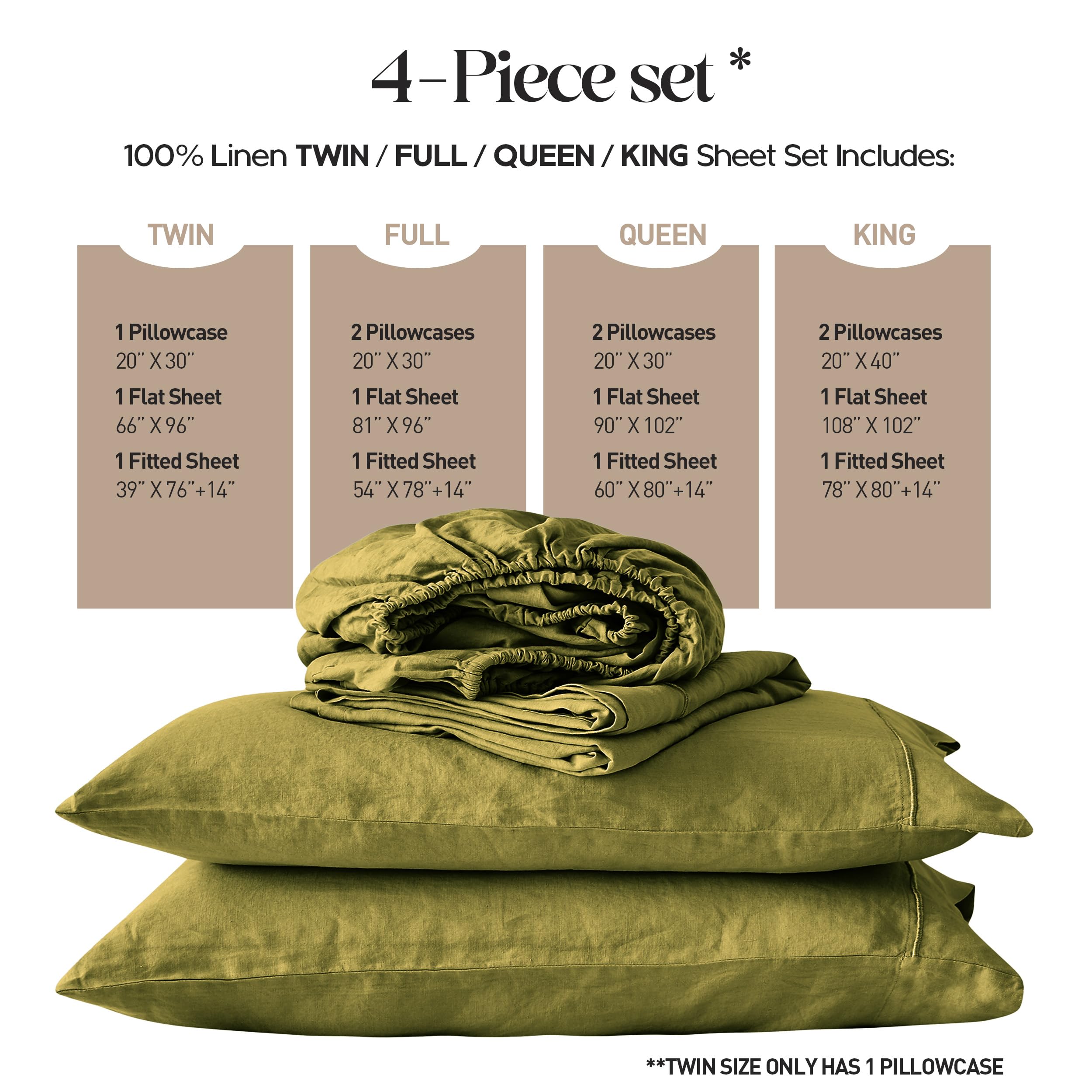 100% Pure Linen Sheet Set Full Size - Natural French Flax 4-Piece Washed Breathable Bedding (Flat Sheet, Fitted Sheet, 2 Pillowcases) in Olive Green with Embroidery | Farmhouse & Bohemian Style | Perfect for Hot Sleepers & Eco-Friendly Homes