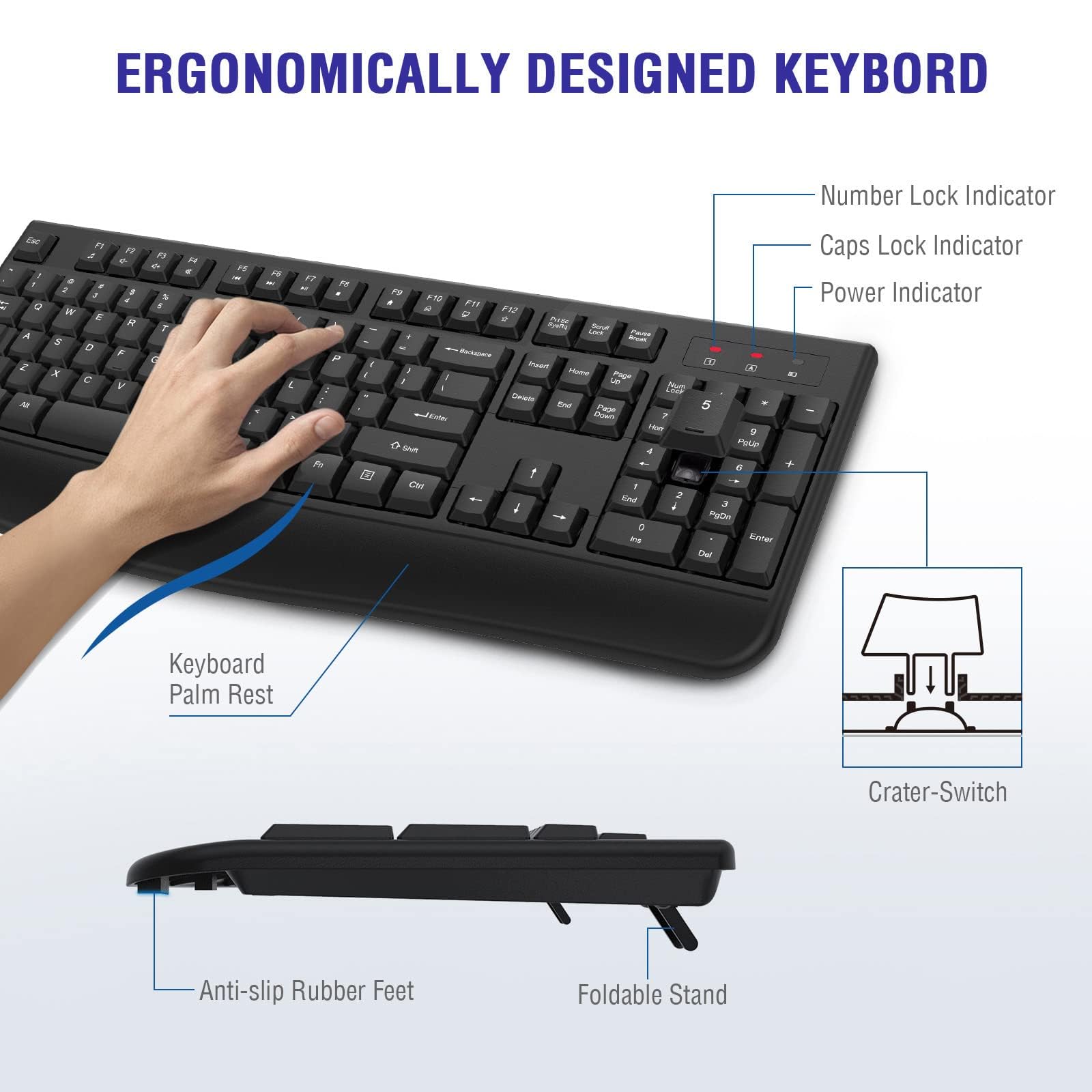 Ergonomic 2.4G Wireless Keyboard with Wrist Rest - Full-Sized Comfort for Windows & Mac - Perfect for Office, Home & Gaming (Black)
