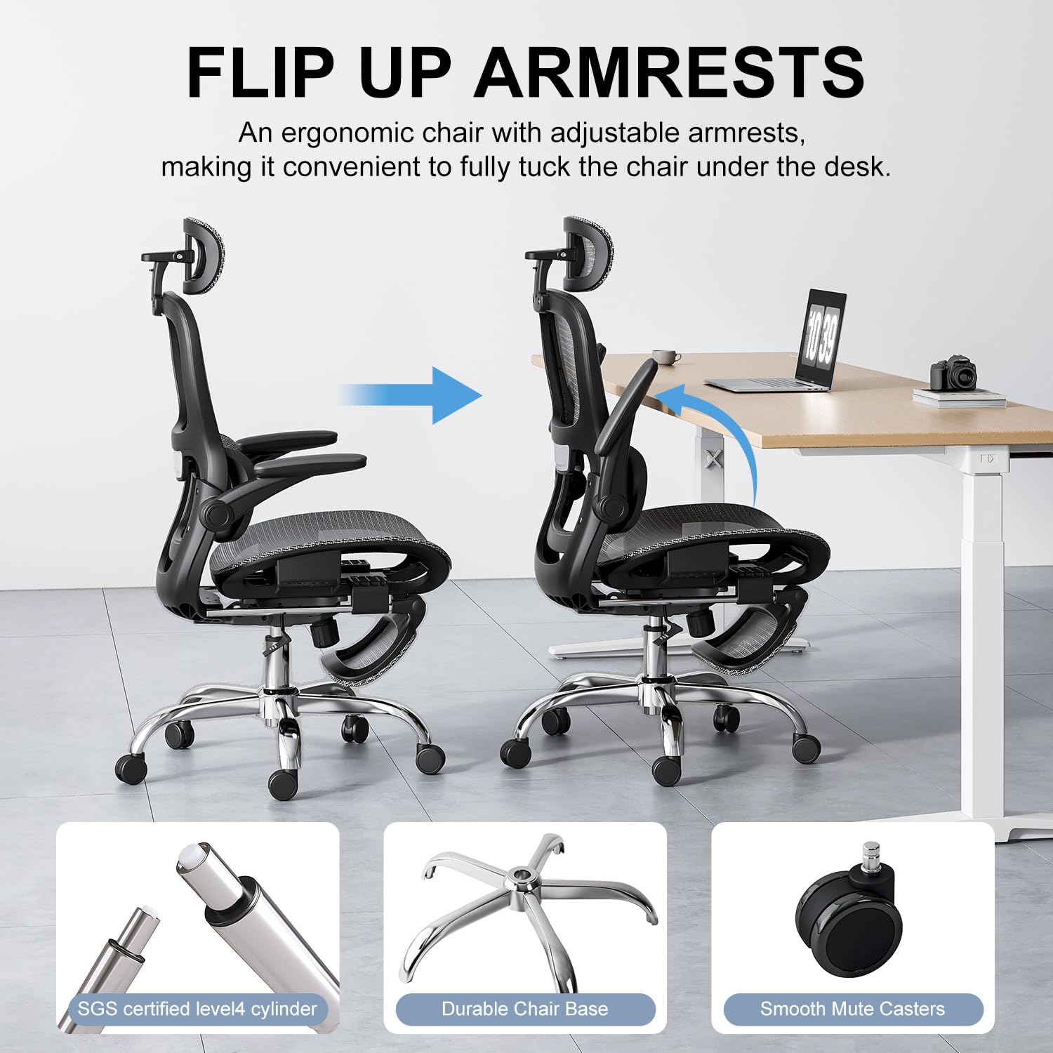 Ergonomic Office Chair with Tilt Function, Adjustable Headrest & Flip-Up Armrests - Breathable Mesh Back with Footrest, SGS Certified Gas Cylinder - Perfect for Home Office, Gaming & Workspaces