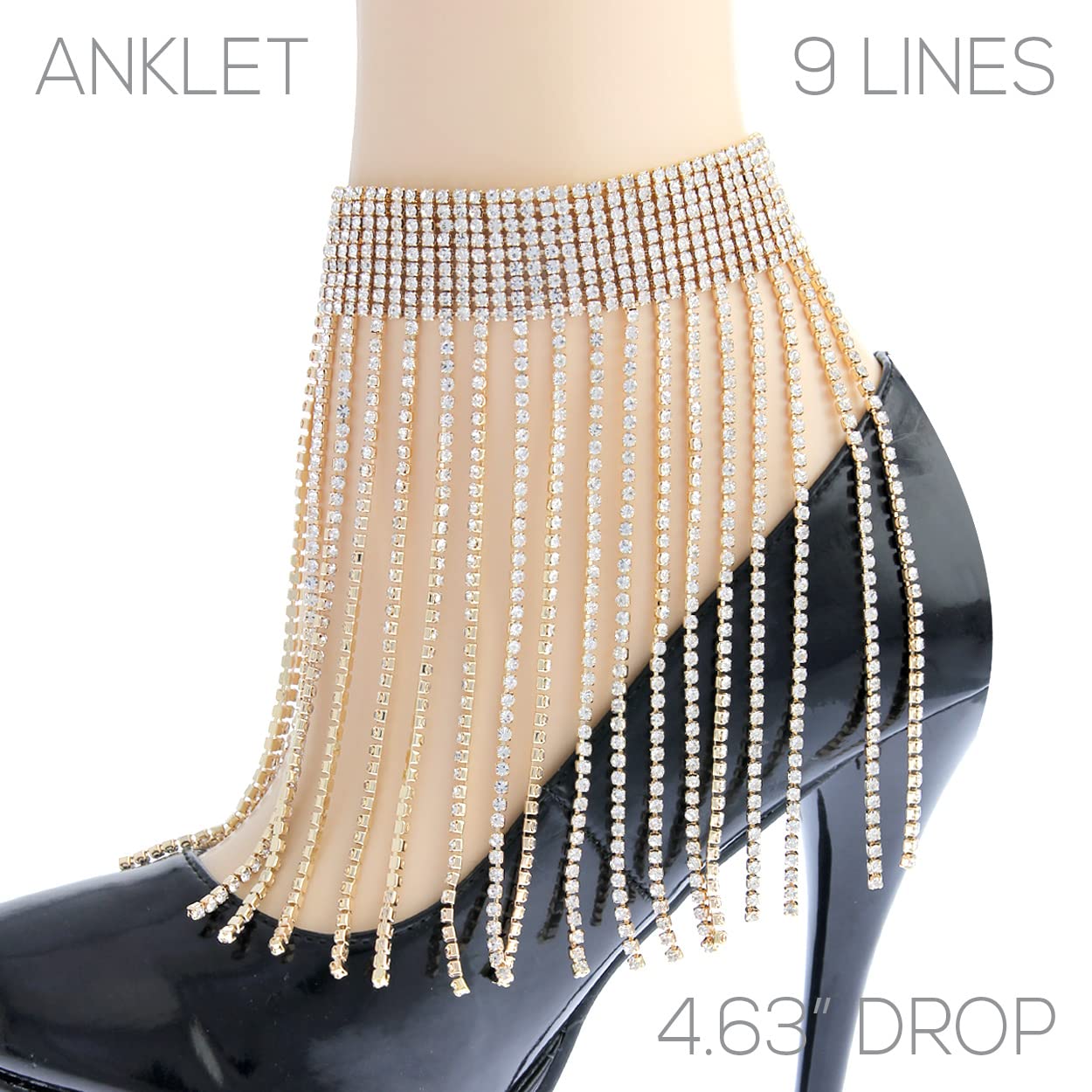 Rosemarie & Jubalee Women's Gold Tone 9-Row Crystal Ankle Bracelet with Rhinestone Fringe - Adjustable 8