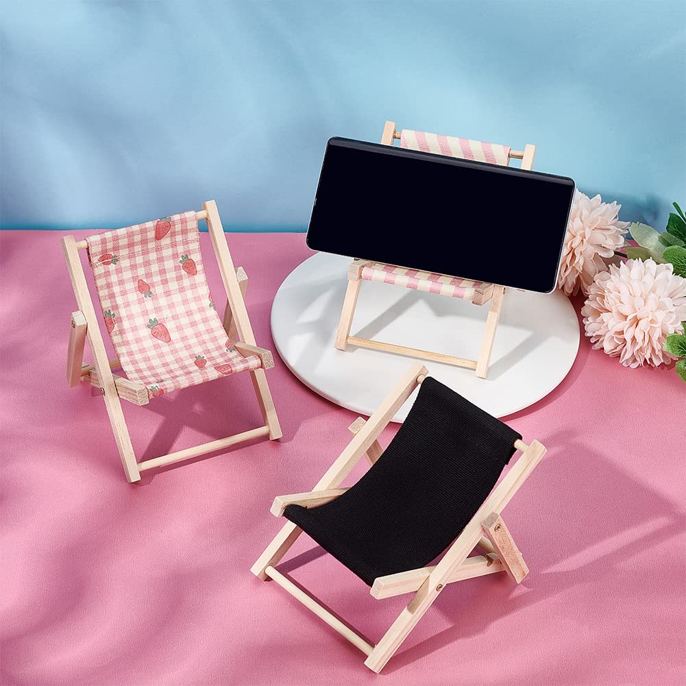 WEBEEDY 3-Piece Wooden Canvas Beach Chair Phone Stand - Foldable Mini Desktop Cell Phone Holder for iPhone & Android (3 Styles) | Perfect for Beach, Poolside, Office & Home Decor