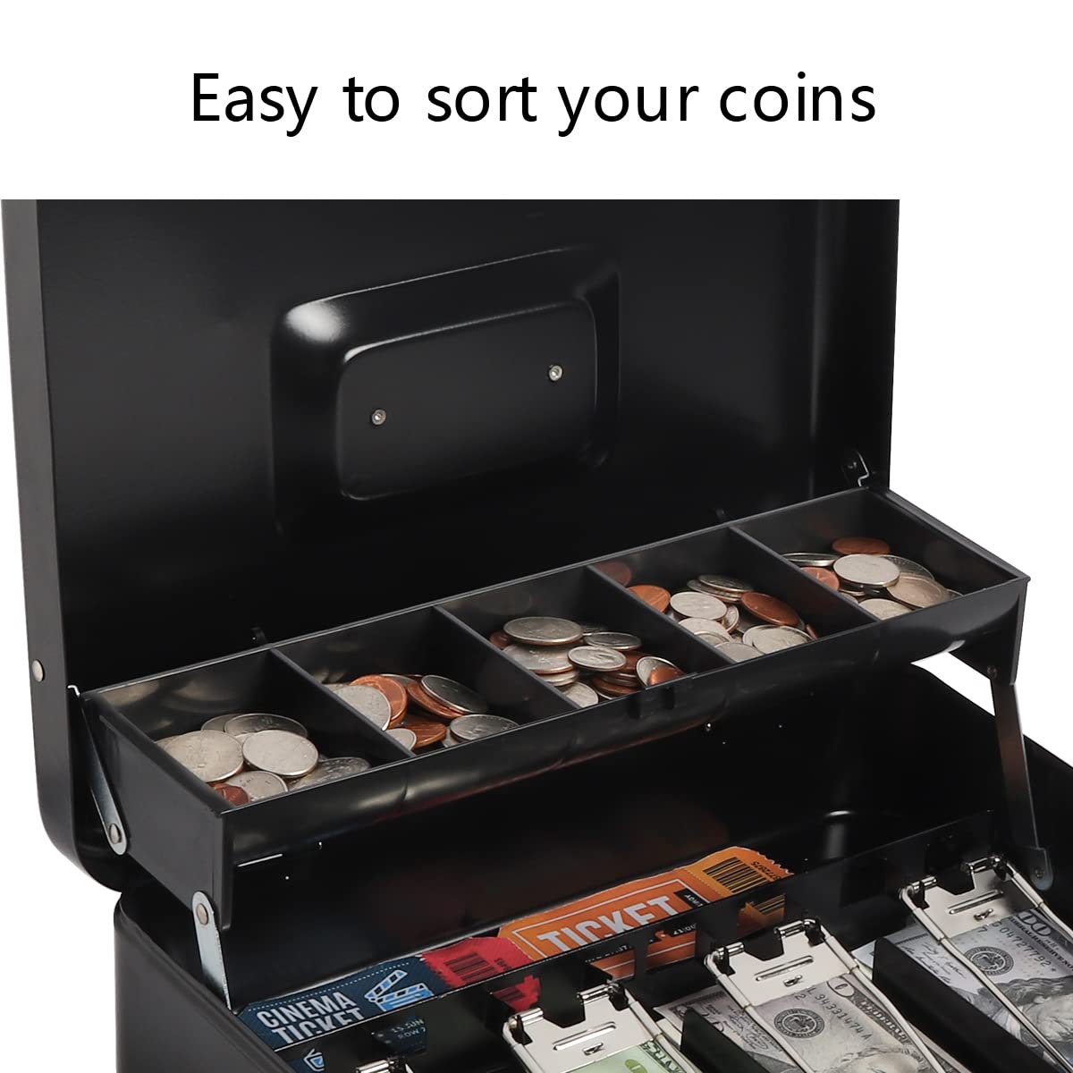 Kasten Large Black Metal Cash Box with Money Tray & Key Lock - 11.8