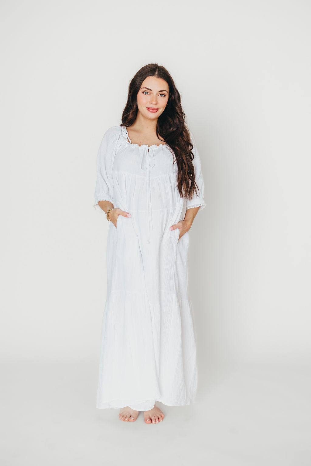 Goddess 100% Cotton Babydoll Maxi Dress - White Maternity Dress for Pregnancy, Bump Friendly, Comfortable & Flowy - Perfect for Maternity Photoshoot, Baby Shower & Summer Vacation