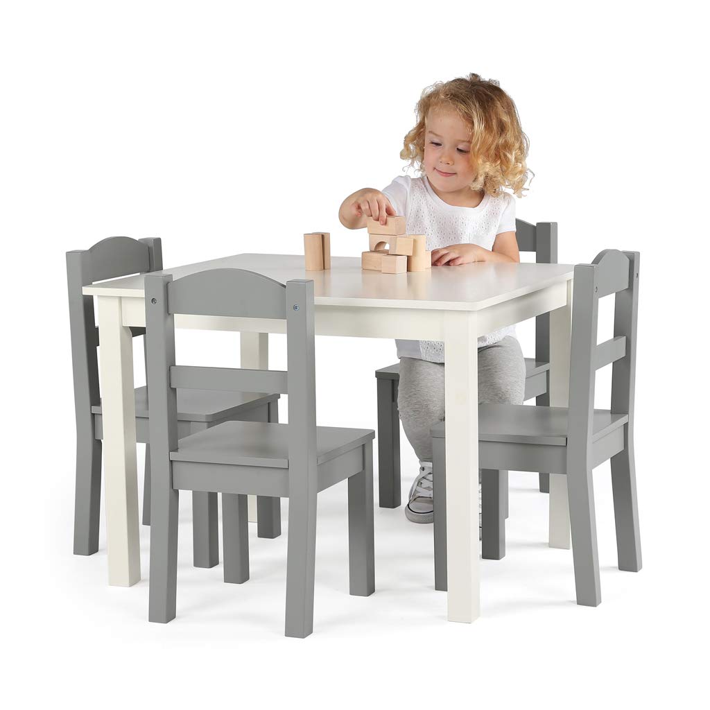 Humble Crew Kids Wooden Table and 4 Chairs Set - White/Grey Toddler Activity Table for Arts, Crafts & Snack Time - Sturdy & Durable Children's Furniture for Playroom, Preschool or Home Learning