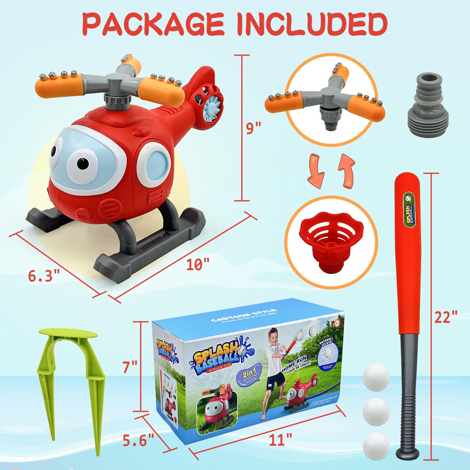 2 in 1 Water Sprinkler & T-Ball Set for Kids - Outdoor Backyard Baseball Game Toy with Helicopter Spray Sprinkler - Connects to Garden Hose - Perfect for Summer Pool Parties, Backyard Fun & Toddler Outdoor Activities
