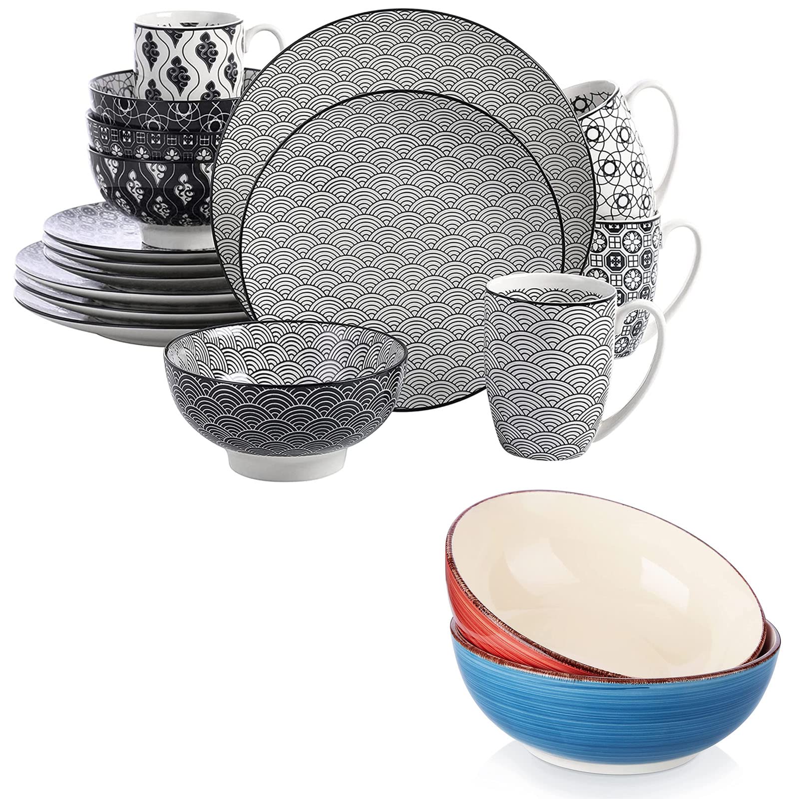 Vancasso 16-Piece Ceramic Dinnerware Set - Hand-Printed Porcelain Bowls, Plates & Cups in Elegant Black & White Haruka Pattern - Perfect for Dinner Parties, Family Meals & Restaurant Use