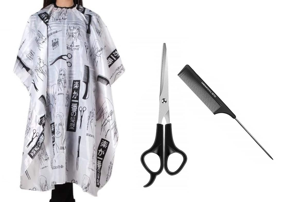 Professional Hair Cutting Kit - White Hair Cutting Cape, Styling Comb 06700 & Barber Scissors | Salon-Grade Grooming Tools for Home Haircuts, Styling & Professional Use