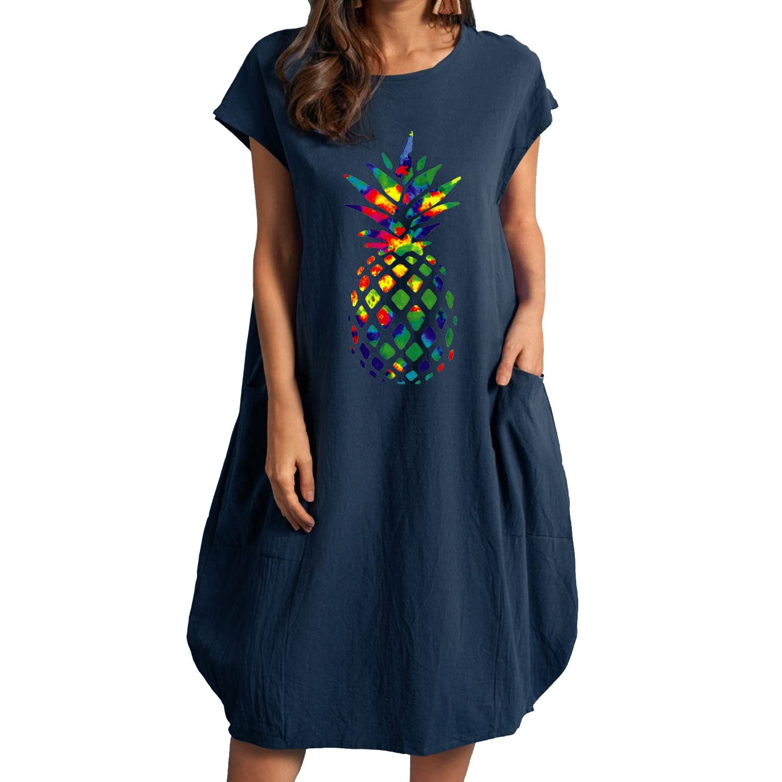 Smileyth Women's Pineapple Print Loose Short Sleeve Summer Dress - Round Neck Cotton Linen Midi Sundress with Pockets (Knee Length, Navy Blue, XXL) - Perfect for Beach Vacations, Casual Outings & Summer Parties