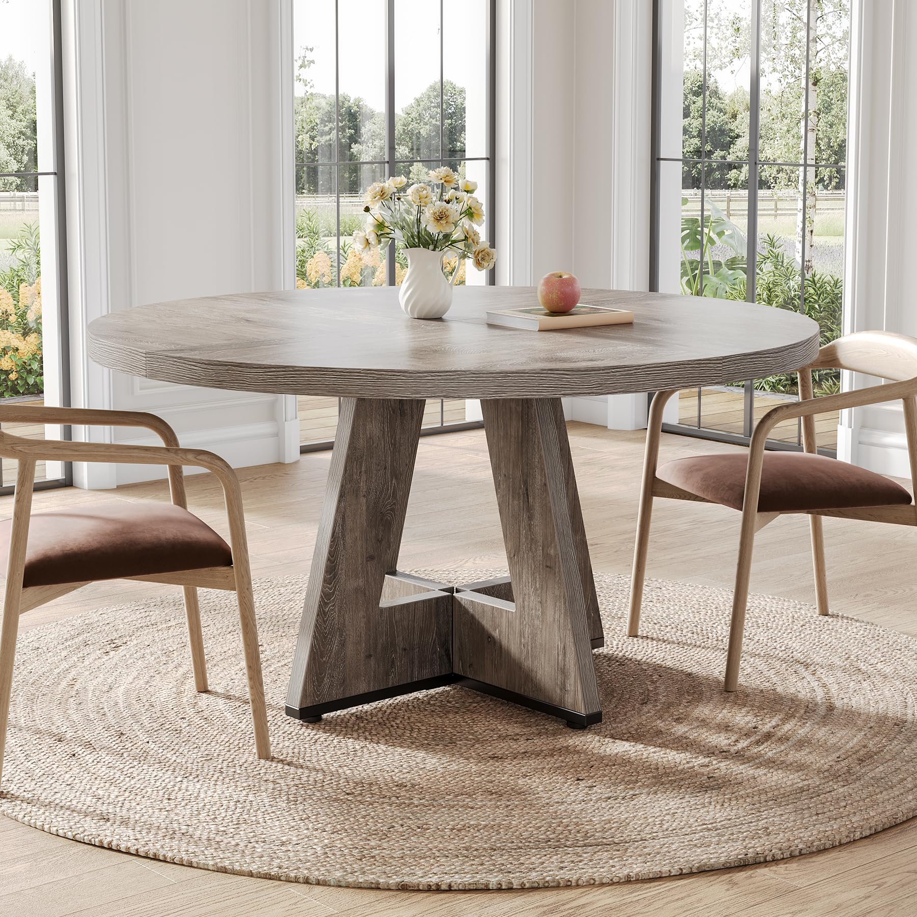 Round Dining Table for 4-6 People, 47 Inch Wooden Pedestal Base Kitchen Table, Grey Circle Dining Room Table - Perfect for Small Spaces, Breakfast Nooks, and Cozy Family Dinners (Table Only)