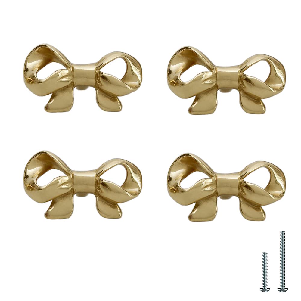 4 Pack Gold Brass Cabinet Knobs - Decorative Bow Drawer Pulls for Dressers, Kids Bedroom & Nursery Furniture - Perfect for Girls' Room Decor & DIY Home Upgrades