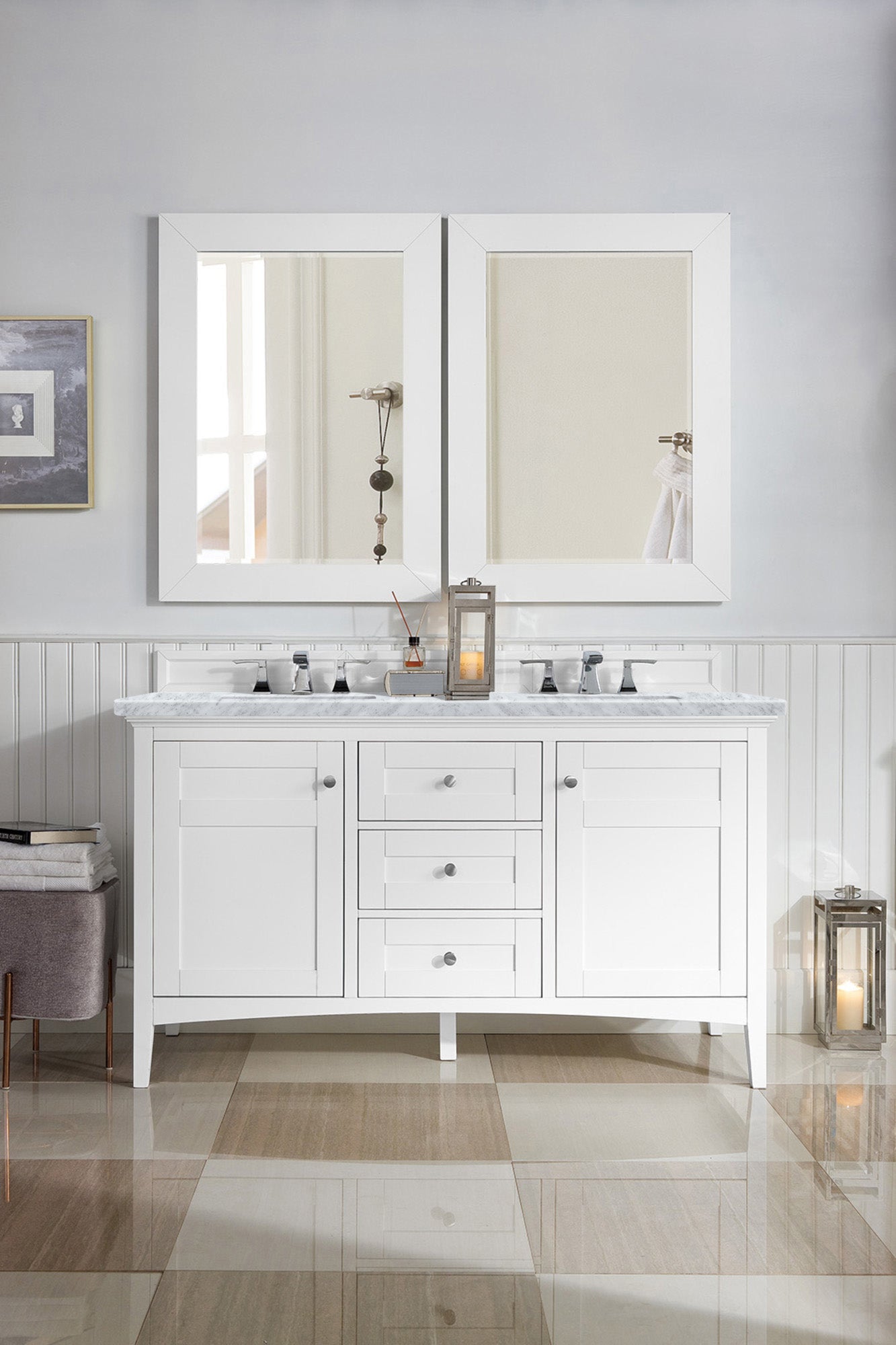 Palisades 60 Inch Double Bathroom Vanity with Carrara Marble Top - Bright White Finish for Modern Bathrooms | Perfect for Master Bath, Guest Bath & Powder Room Renovations
