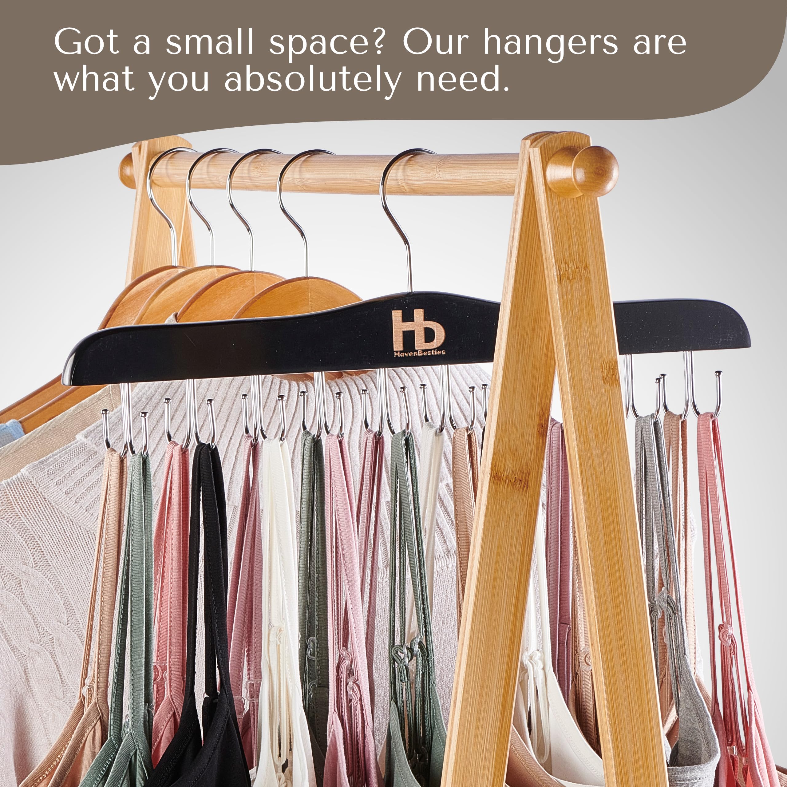 Foldable Wooden Bra Hanger Organizer with 20 Hooks - Space Saving Closet Storage for Tank Tops, Lingerie & Accessories - Perfect for House, Dorm, Apartment (Lotus Wood, Black, 1 Pack) - Ideal for Small Spaces & Wardrobe Organization