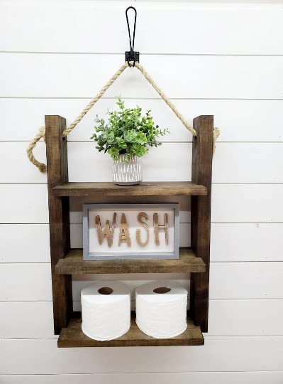 Rustic Farmhouse Rope Hanging Ladder Shelf - Bathroom & Home Decor for Storage and Display - Perfect for Towels, Blankets, Plants, and Decorative Items