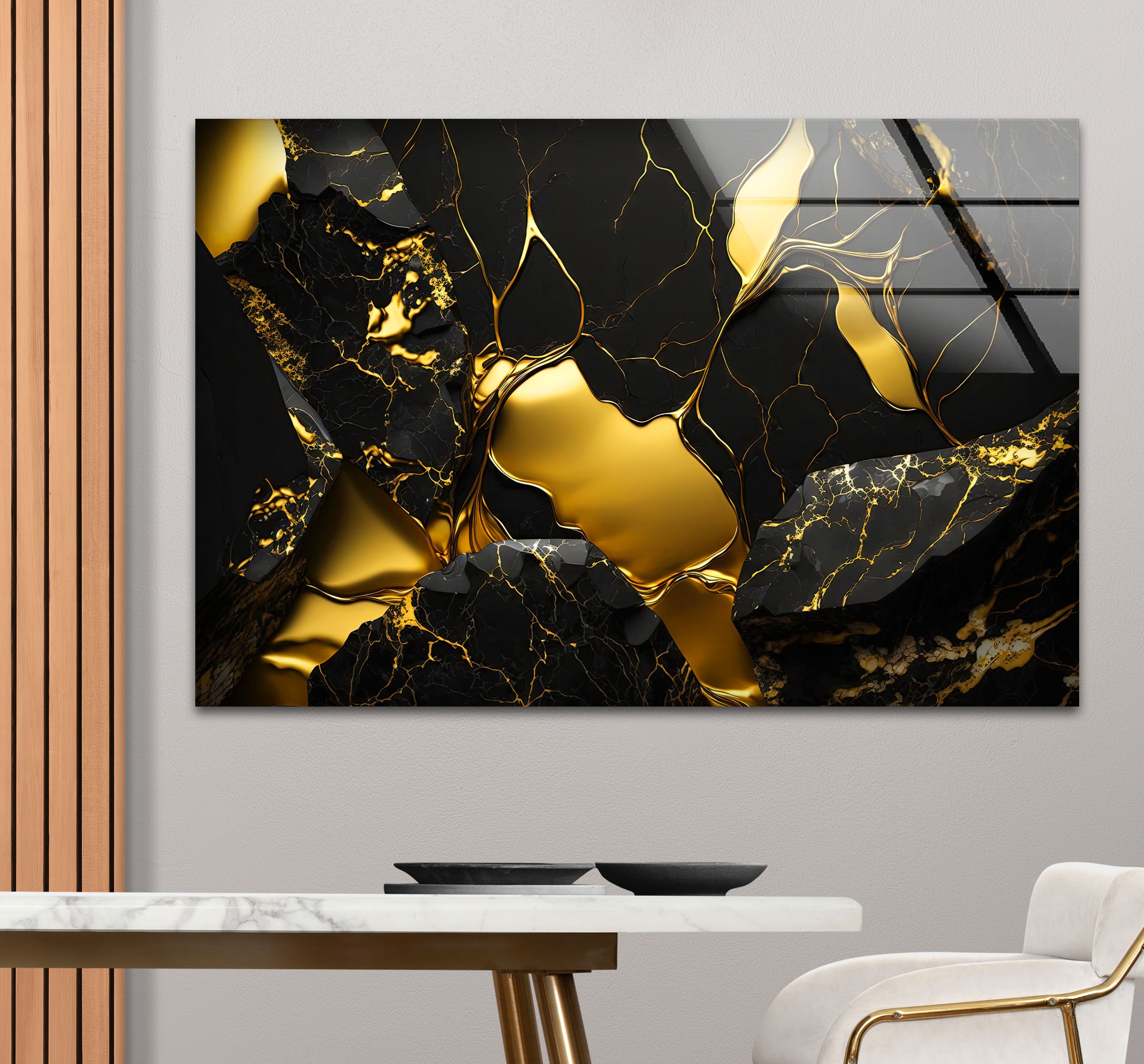 Black and Gold Abstract Wall Art - Modern Glass Print with Luxury Shine for Living Room, Bedroom & Office Decor | Elegant Home Wall Decorations