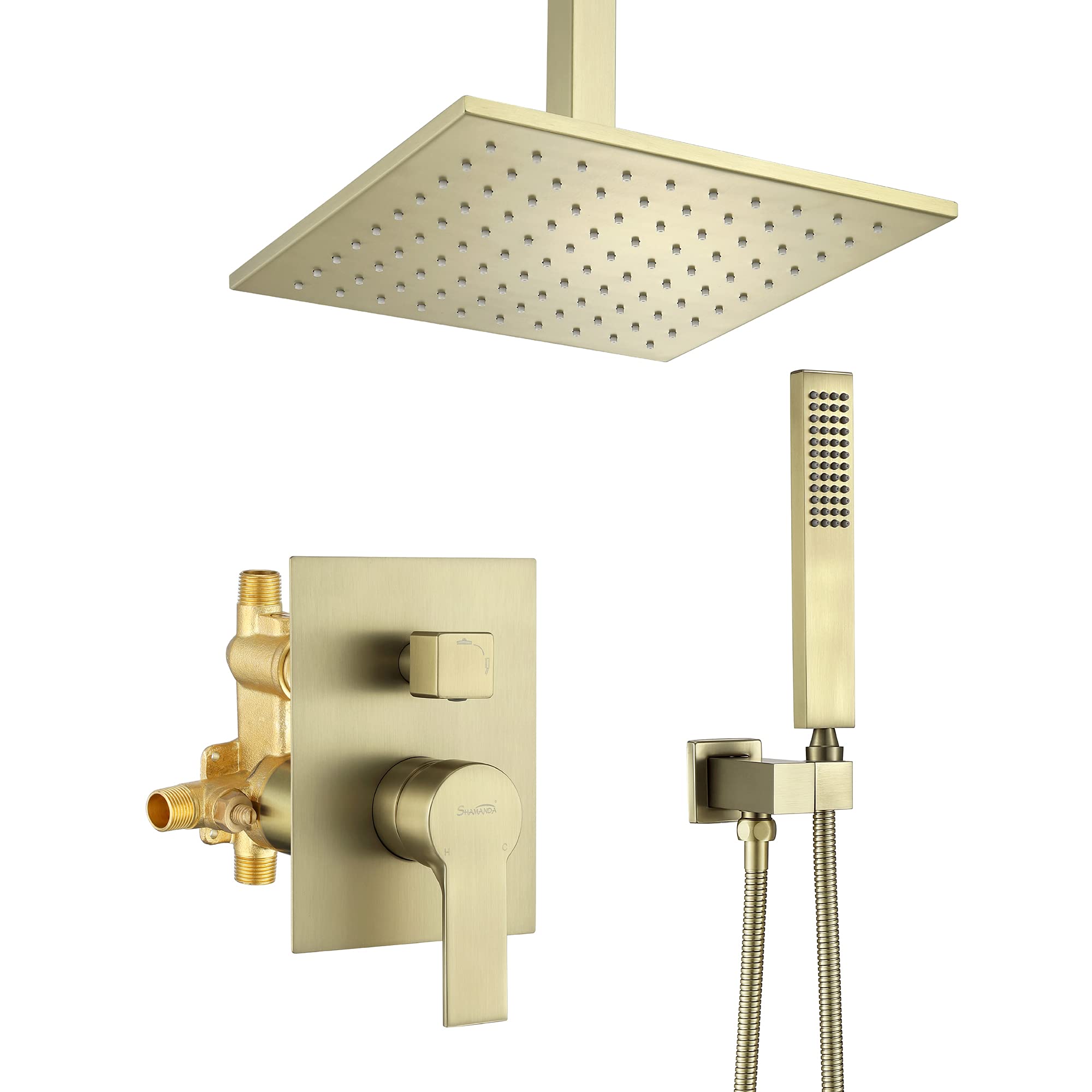 Premium Brass Ceiling Mount Shower System - SHAMANDA Luxury Rainfall Shower Faucet Combo Set with 10-Inch Fixed Shower Head & Handheld Shower, Brushed Gold Finish (Includes Rough-In Valve Body & Trim) LCM702-3 - Perfect for Spa-Like Bathroom Renovations and Modern Home Upgrades