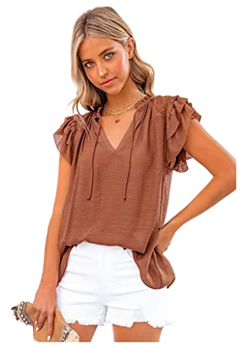 Women's Casual Ruffled Short Sleeve V-Neck Chiffon Blouse - Flowy Summer Solid Color Top for Work, Date Night & Outdoor Activities