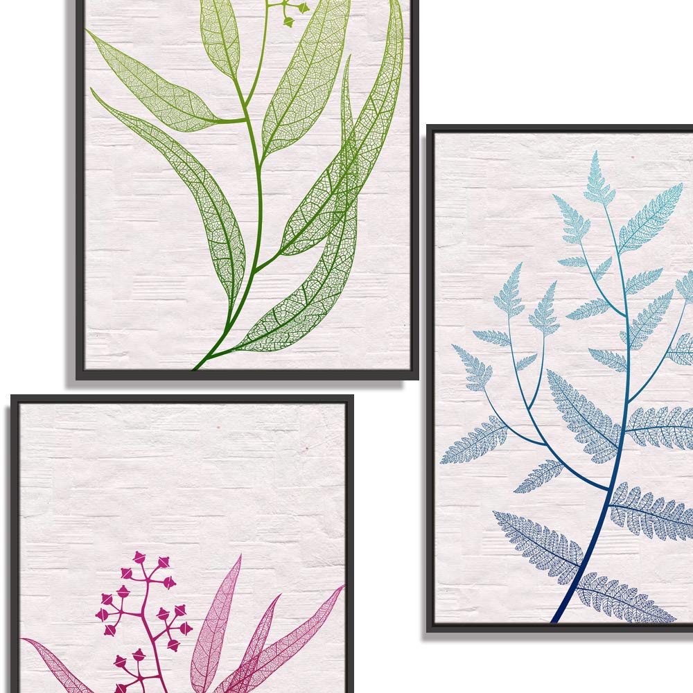 Leaf Theme Framed Canvas Wall Art Set of 3 Panels - 24x36 Inches Ready to Hang Living Room & Bedroom Decor - Nature Inspired Home Decoration for Modern Interior Design