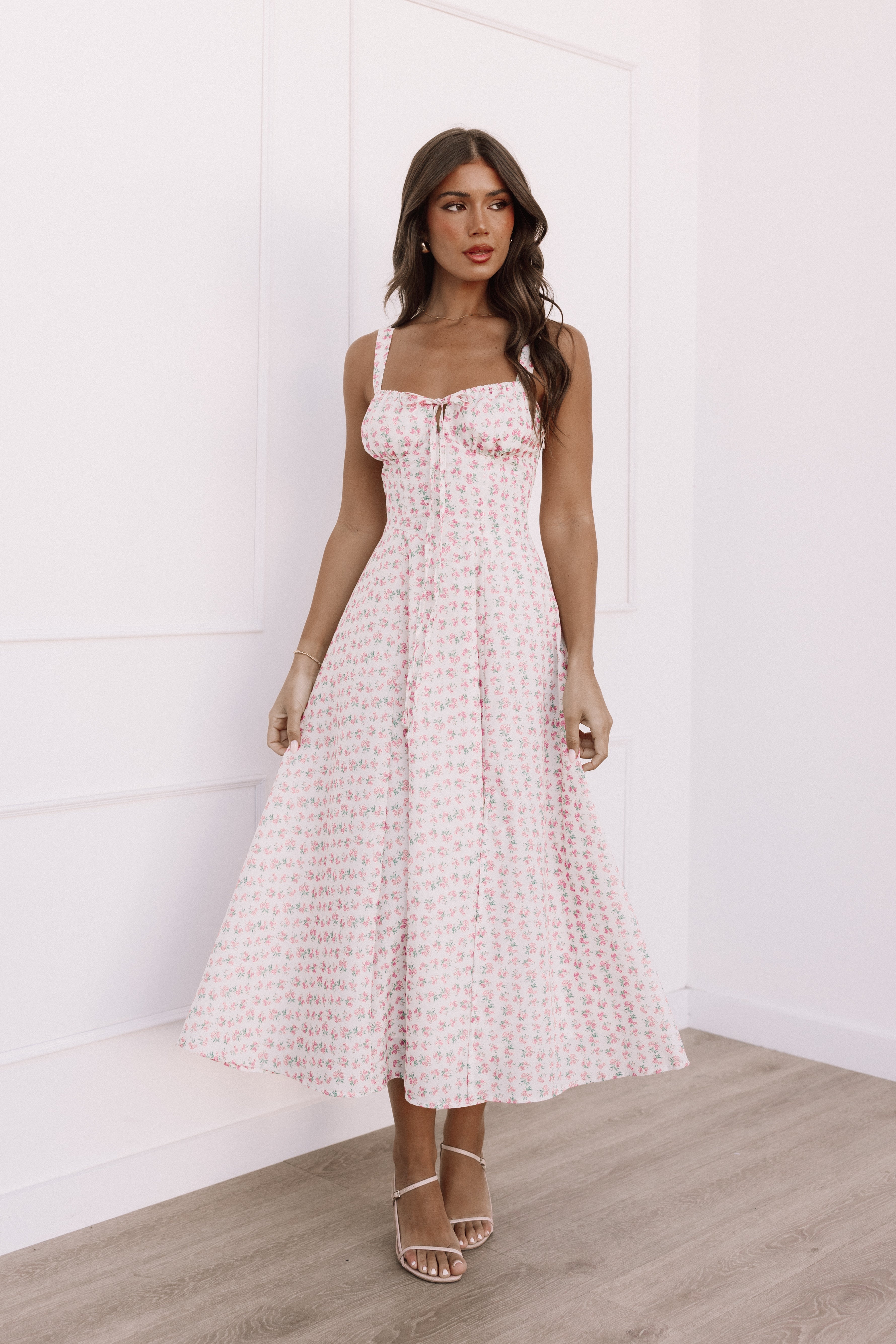 Elodie Midi Dress - Pink Floral Print Summer Dress for Women | Perfect for Beach Vacations, Garden Parties & Date Nights