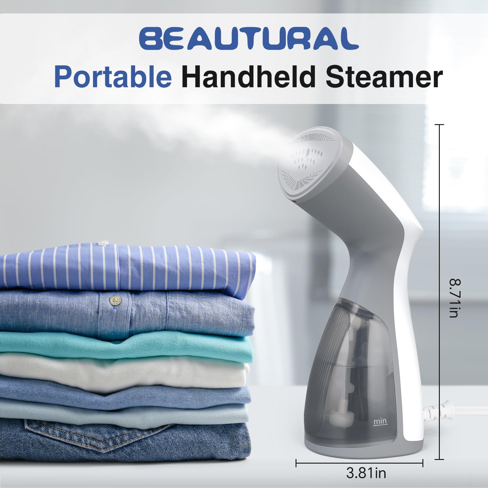 BEAUTURAL 1000W Portable Garment Steamer with 140ML Water Tank - Fast Wrinkle Remover for All Fabrics - Perfect for Home, Office & Travel - Ideal for Wedding Dresses, Suits, Curtains & Daily Outfits