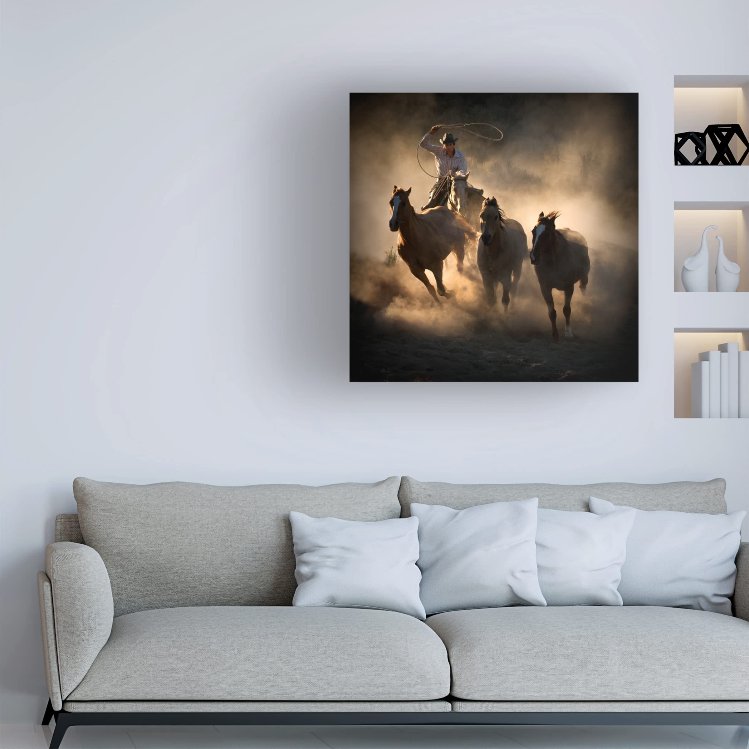 Stephen Rostler 'Roundup' Canvas Art Print - Western Cowboy & Horse Painting - Wall Decor for Living Room, Bedroom, Office