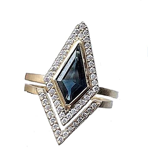 Elegant Bezel Set Kite Shape Black Diamond Ring - 925 Sterling Silver & 14K Gold Plated Wedding Band Set for Women | Perfect for Engagement, Anniversary & Special Occasions