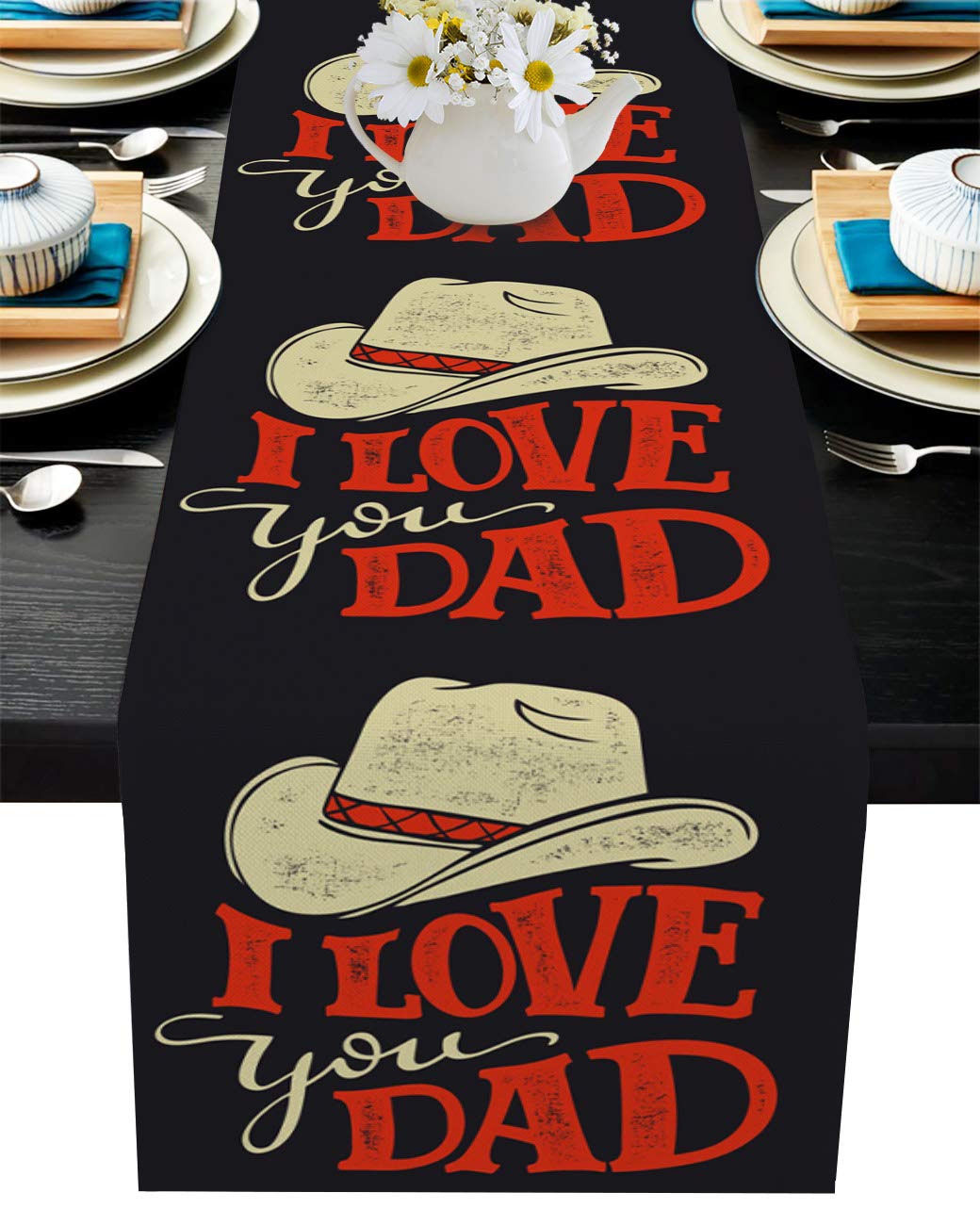AIESTHER 13x90 Inch Linen Burlap Table Runner - Farmhouse Dining Table Decor for Weddings, Parties & BBQ Events | Rustic Cowboy Hat Design Perfect for Father's Day Celebrations & Western-Themed Home Decor