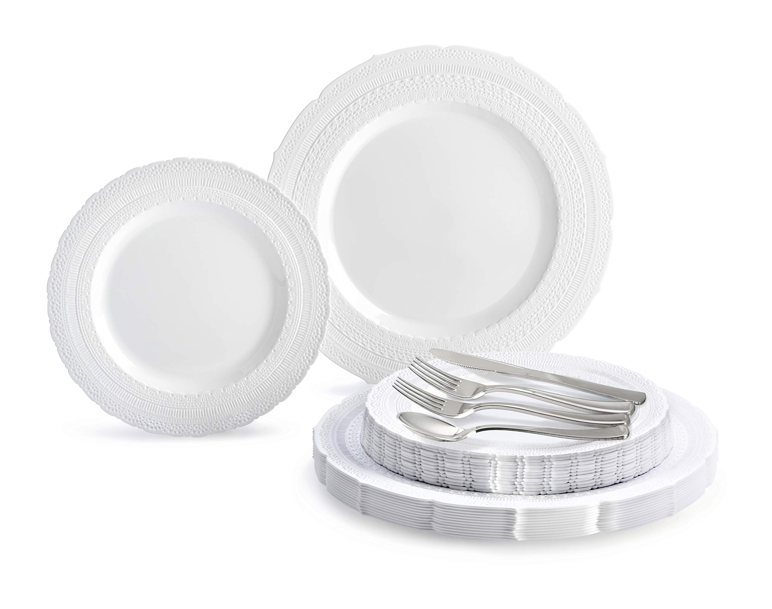 150-Piece Vintage Wedding Dinnerware Set - Heavyweight Disposable/Reusable Plastic Plates (25x11'' + 25x8.25'') & Silverware - Chateau Collection in White - Perfect for Weddings, Parties & Special Events
