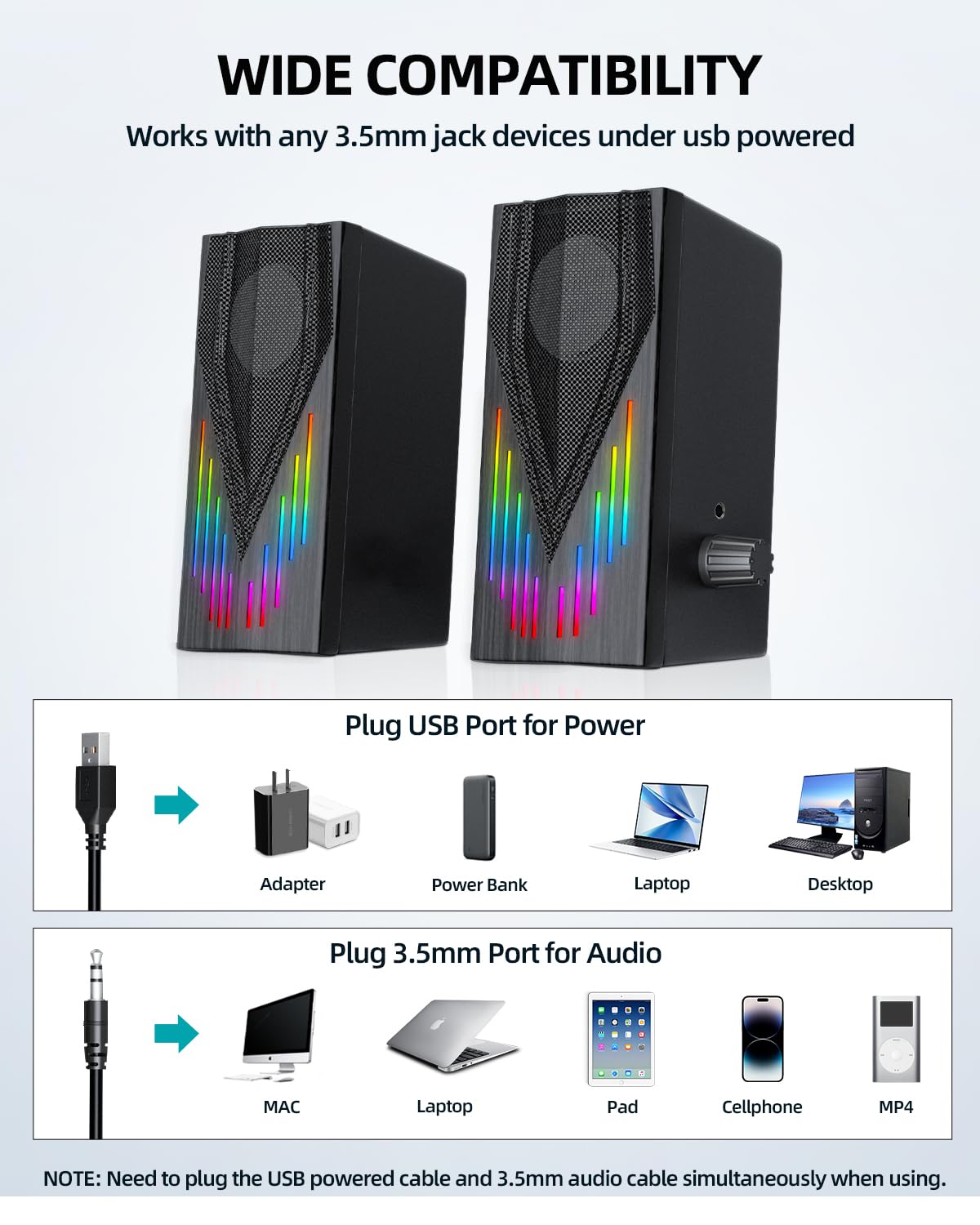 Premium RGB Computer Speakers for PC & Laptop - 6 Color LED Backlit Desktop Speakers with 3.5mm Aux - Compatible with Desktop, Laptop, Tablet & Phone (E1065, Black) - Perfect for Gaming, Home Office & Multimedia Entertainment