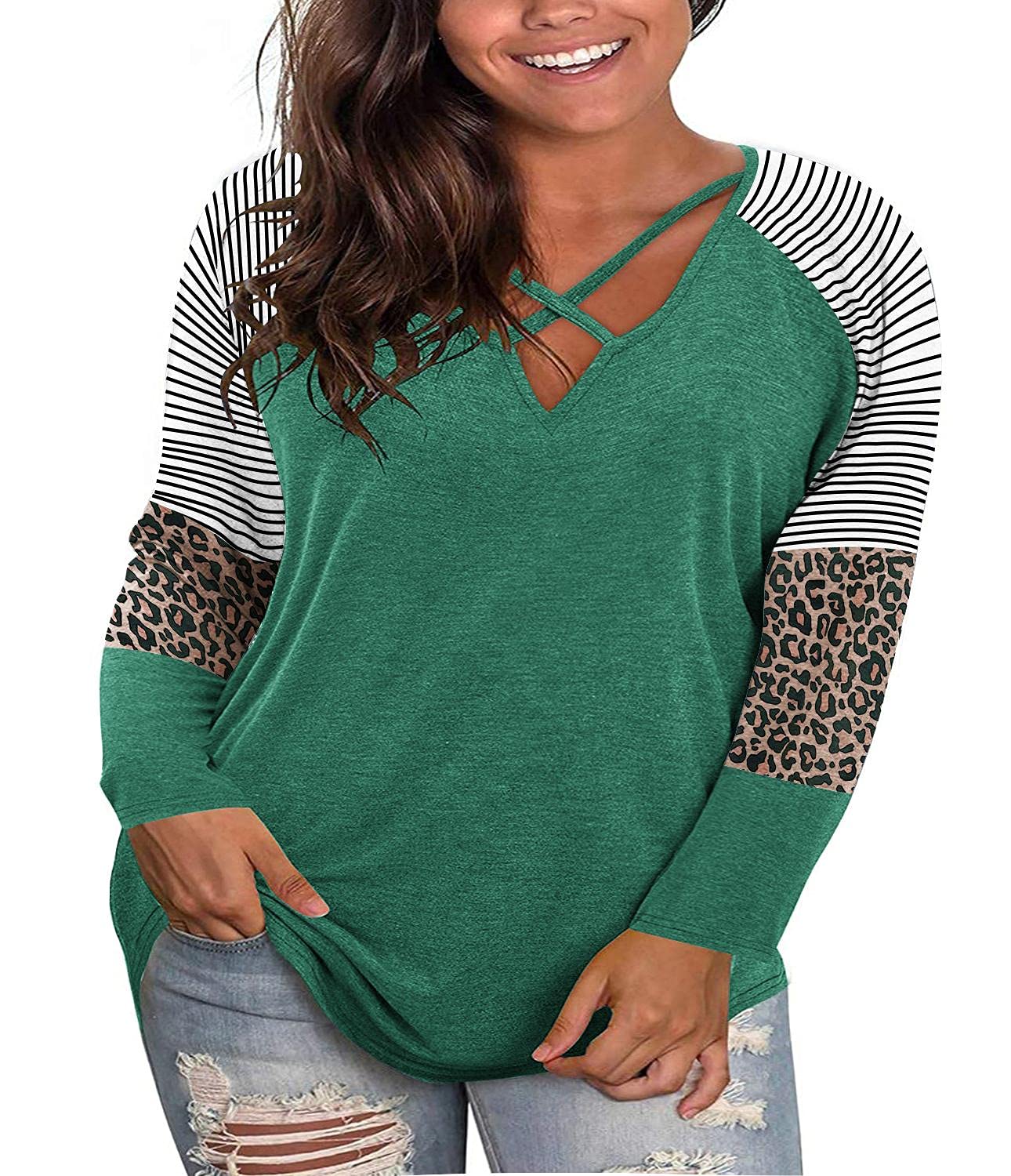Plus Size Women's Long Sleeve V-Neck Criss Cross T-Shirt - Soft Cotton Loose Fit Casual Tunic Top for Everyday Wear, Date Night & Office Outfits