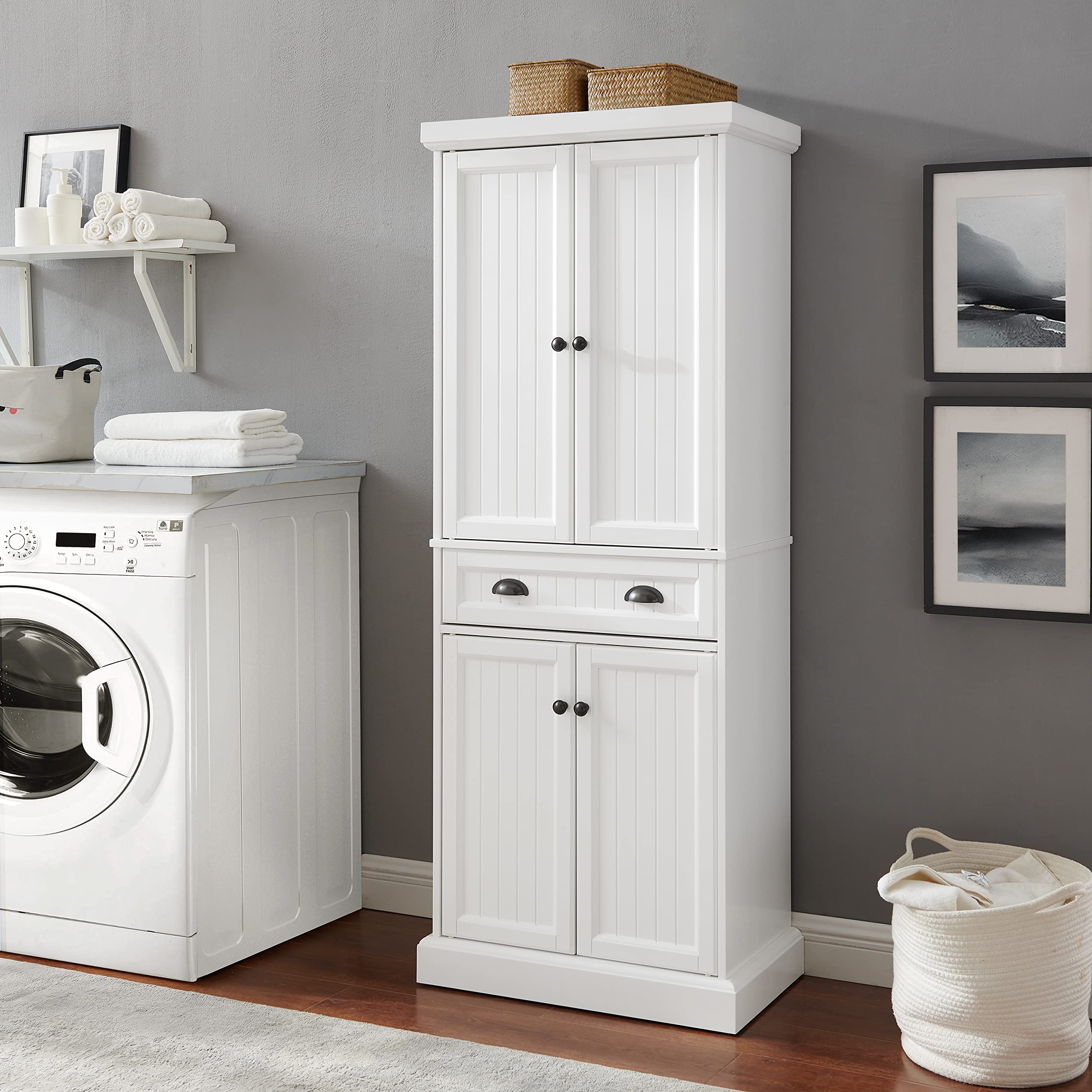 Crosley Shoreline Coastal Pantry Storage Cabinet with Adjustable Shelves - White Kitchen, Dining & Laundry Room Organizer for Home Storage Solutions