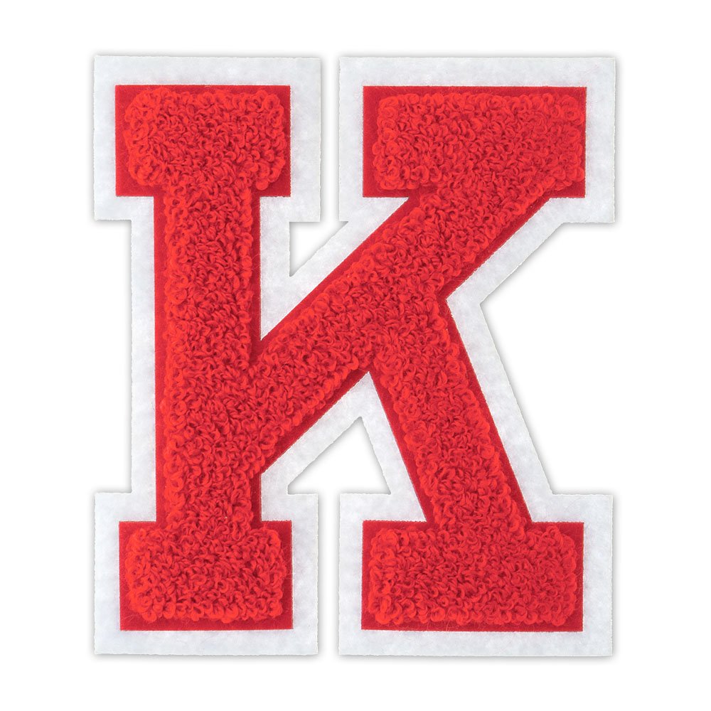 K - Red on White - 4.5 Inch Heat Seal & Sew On Chenille Varsity Letter Patch for Jackets, Bags & DIY Crafts