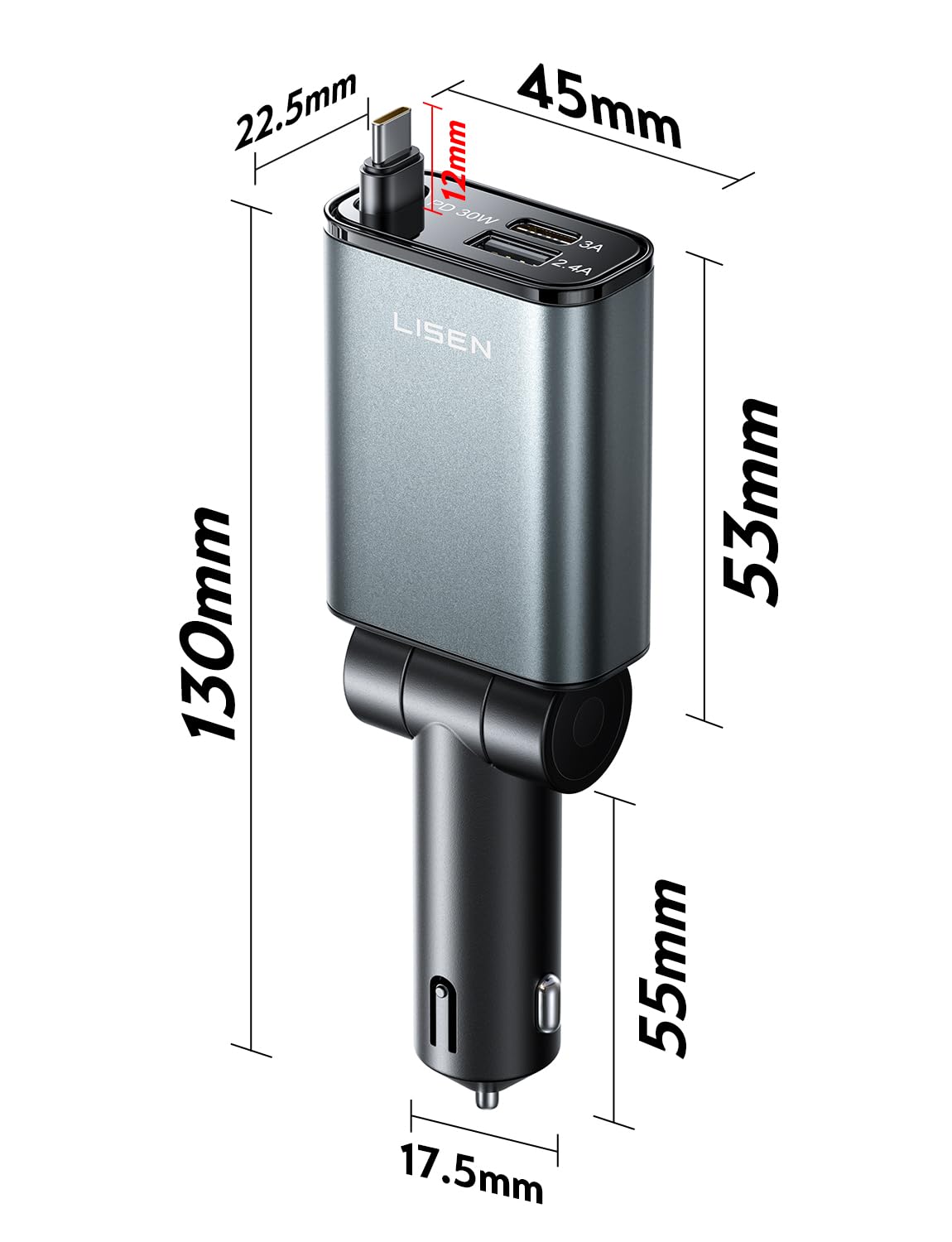 LISEN 57W Ultra Mini Retractable Car Charger with USB C Fast Charging - Compact Design Saves 75% Space - Compatible with iPhone 16/15 Pro Max/Plus, Samsung Galaxy S25/S24 Ultra/Plus & Android Devices - Perfect for Road Trips, Commuting & Travel Charging