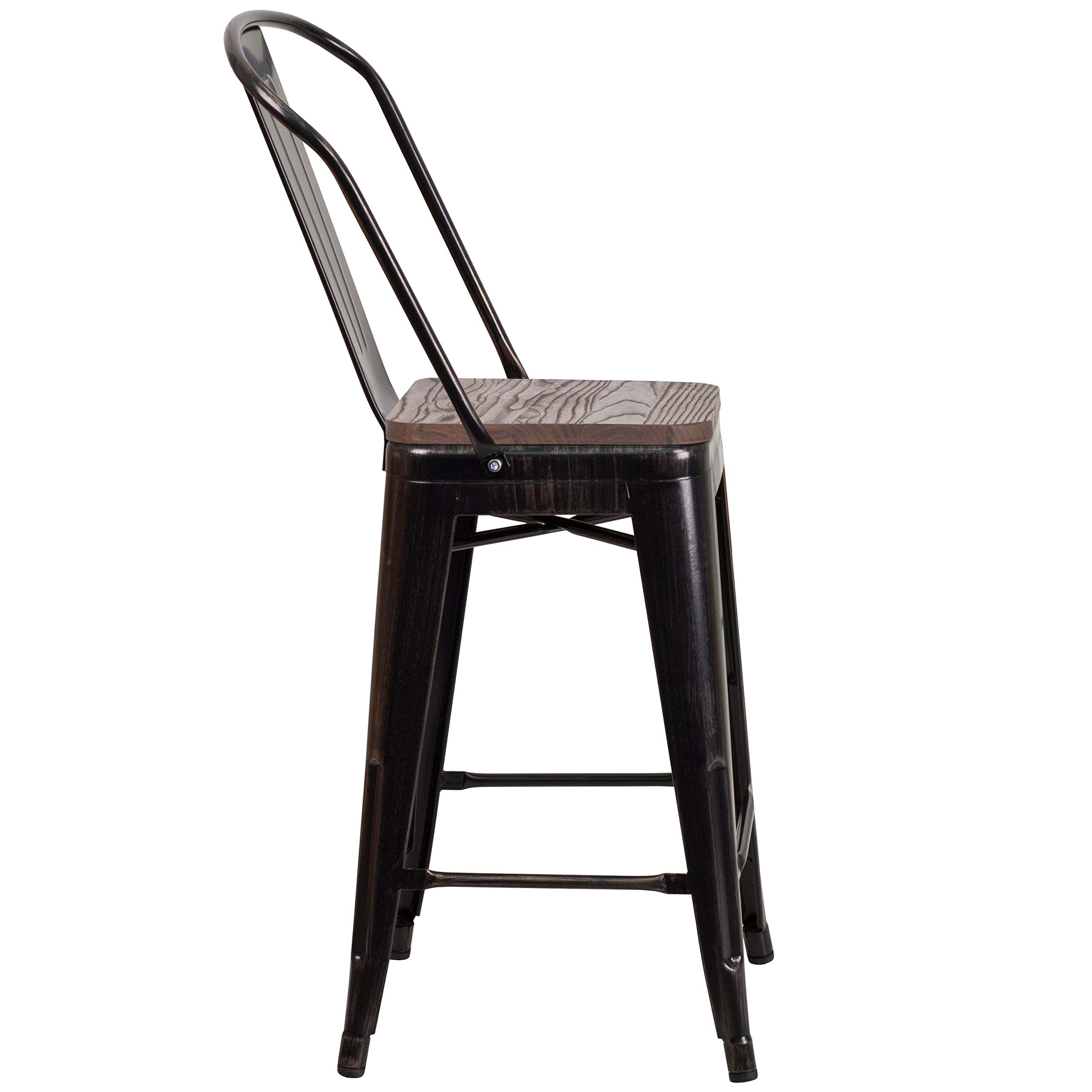 EMMA + OLIVER 24 Inch Black and Antique Gold Metal Wood Counter Stool with Back - Bar Stool for Kitchen Island, Breakfast Nook & Home Decor