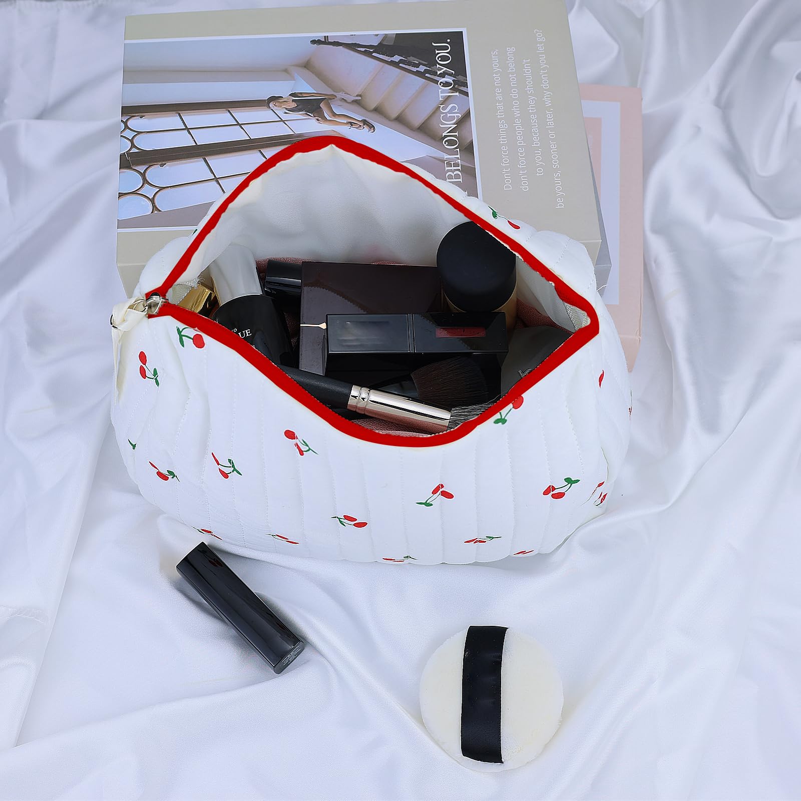 Large Quilted Cotton Makeup Bag for Women - Travel Cosmetic Organizer Pouch with Little Cherry Print | Perfect for Toiletries, Makeup Storage & Travel Essentials