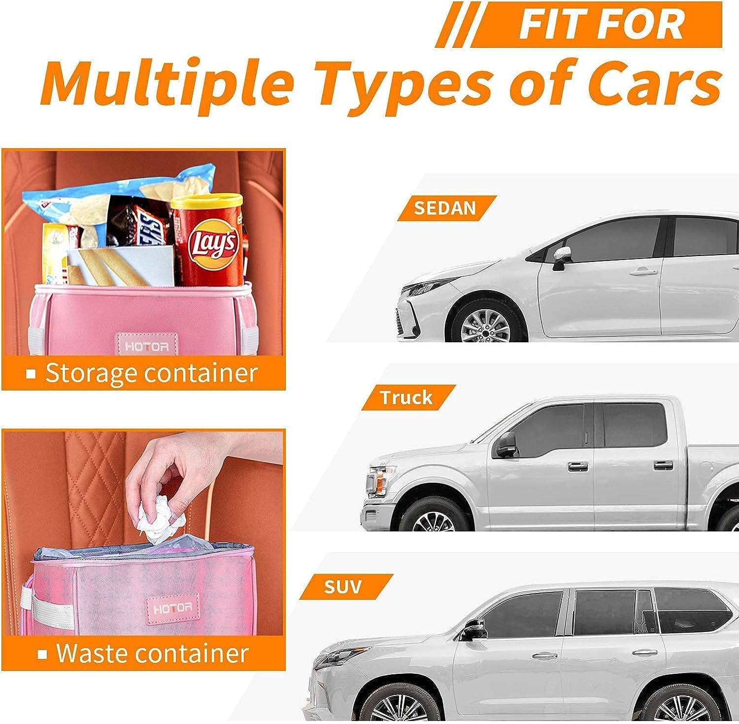 HOTOR 2 Gallon Car Trash Can with Lid - Leak-Proof Waterproof Garbage Bin with Storage Pockets | Multi-Purpose Vehicle Organizer for Road Trips, Commuting & Family Travel (Pink)