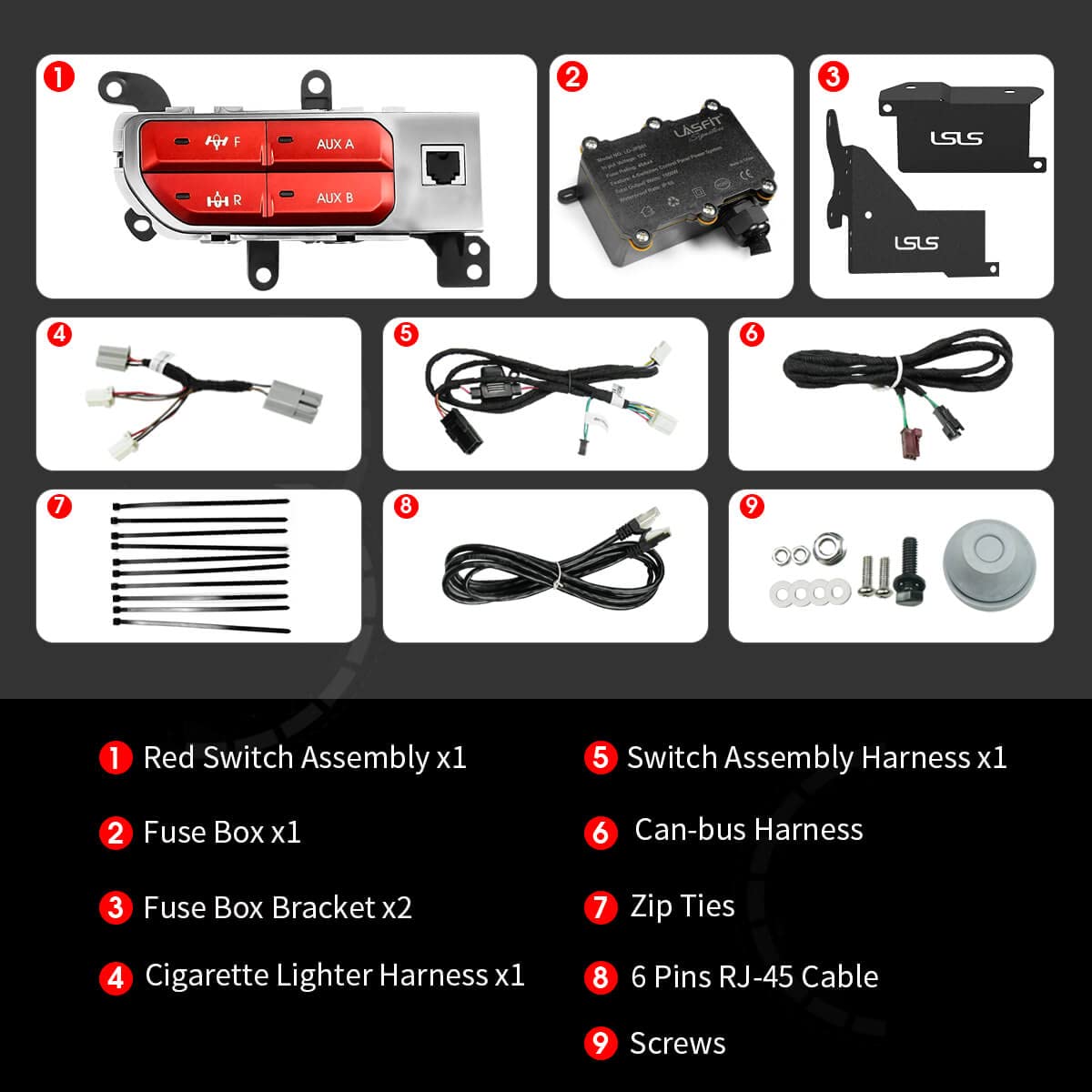LASFIT Auxiliary Switch Bank Kit - 4 Button Dash Panel for Jeep Wrangler JL (2018-2023) & Gladiator JT (2019-2023) - OEM Style Plug & Play Front/Rear Locker Switch - No Software Update Needed - Red LED Backlight - Perfect for Off-Roading & Custom Lighting Control