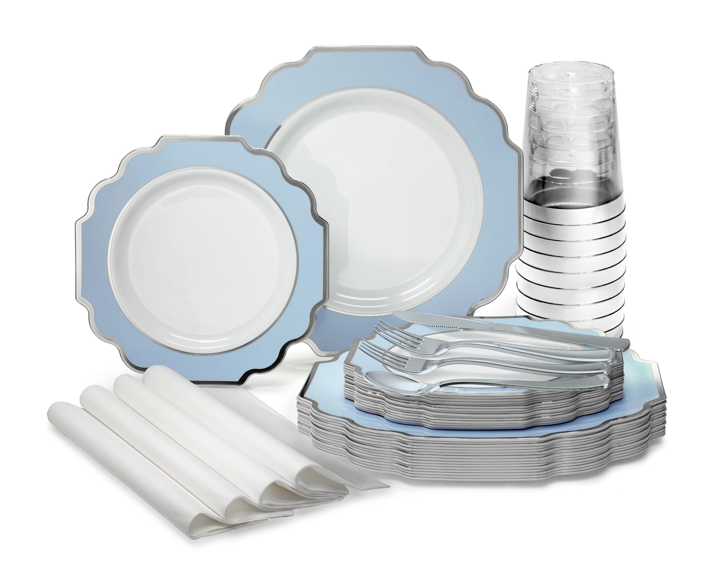 640-Piece Heavyweight Disposable Plastic Wedding Party Plate Set - 80 x 10.5'' Dinner Plates, 80 x 8'' Dessert Plates, Silverware, Cups & Napkins (White, Blue, Silver) for 80 Guests | Elegant Wedding, Bridal Shower, Anniversary & Formal Event Tableware