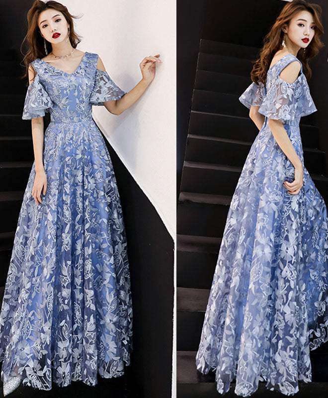 Elegant Blue V-Neck Lace Long Prom Dress for Women - Formal Evening Gown for Homecoming, Ball, Wedding & Special Occasions