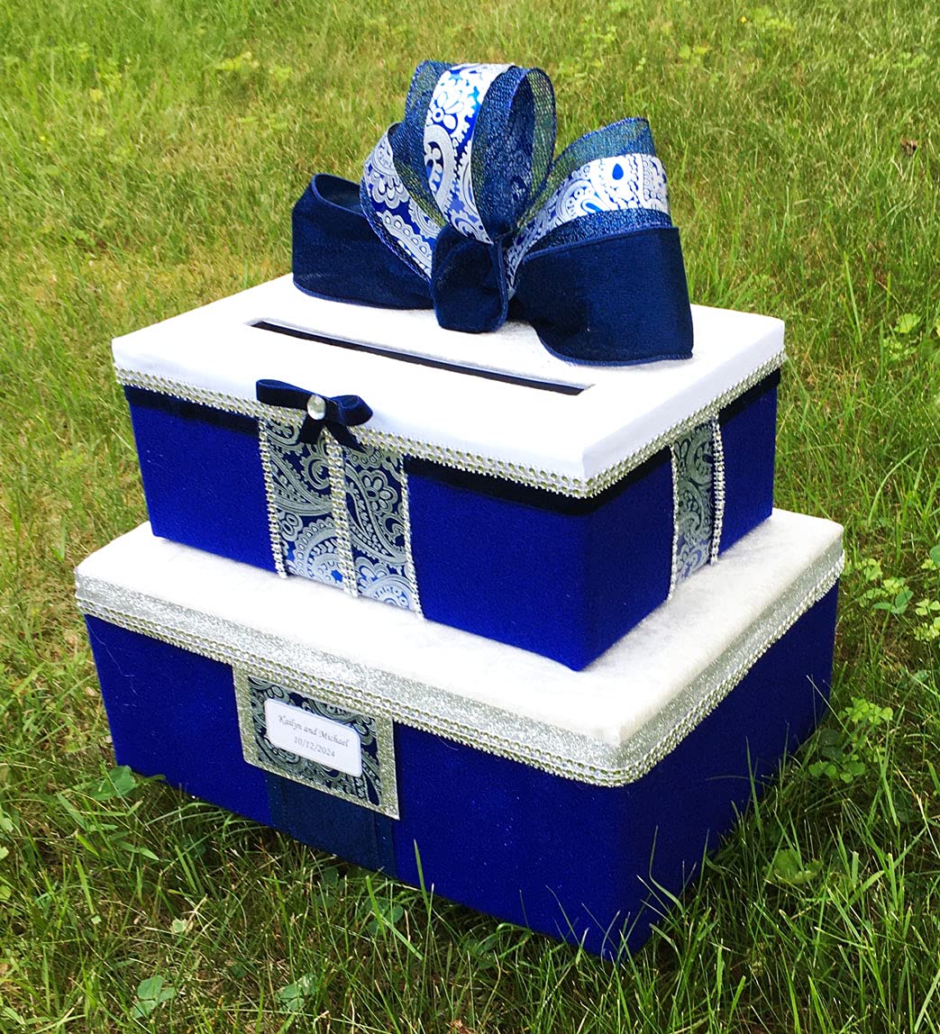 Royal Blue & Silver Wedding Card Box with Slot - 2-Tier Fabric Gift Holder for 80 Cards | Personalized Bridal Shower, Anniversary & Reception Decor