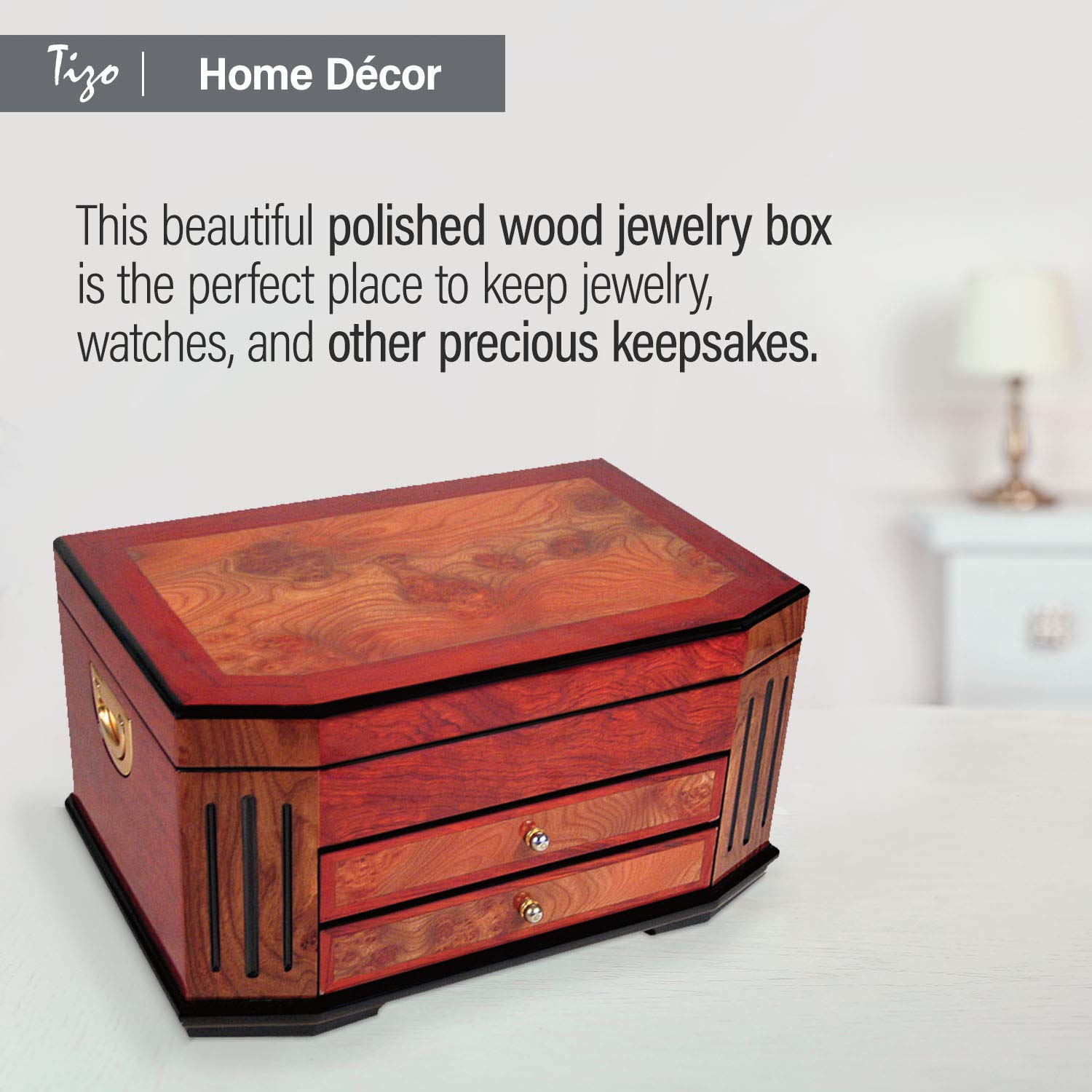 Elegant Polished Wood Jewelry Box with 2 Drawers & Gold Finish Handles - Perfect for Organizing Necklaces, Rings & Earrings - Great Gift for Women & Jewelry Storage Solution