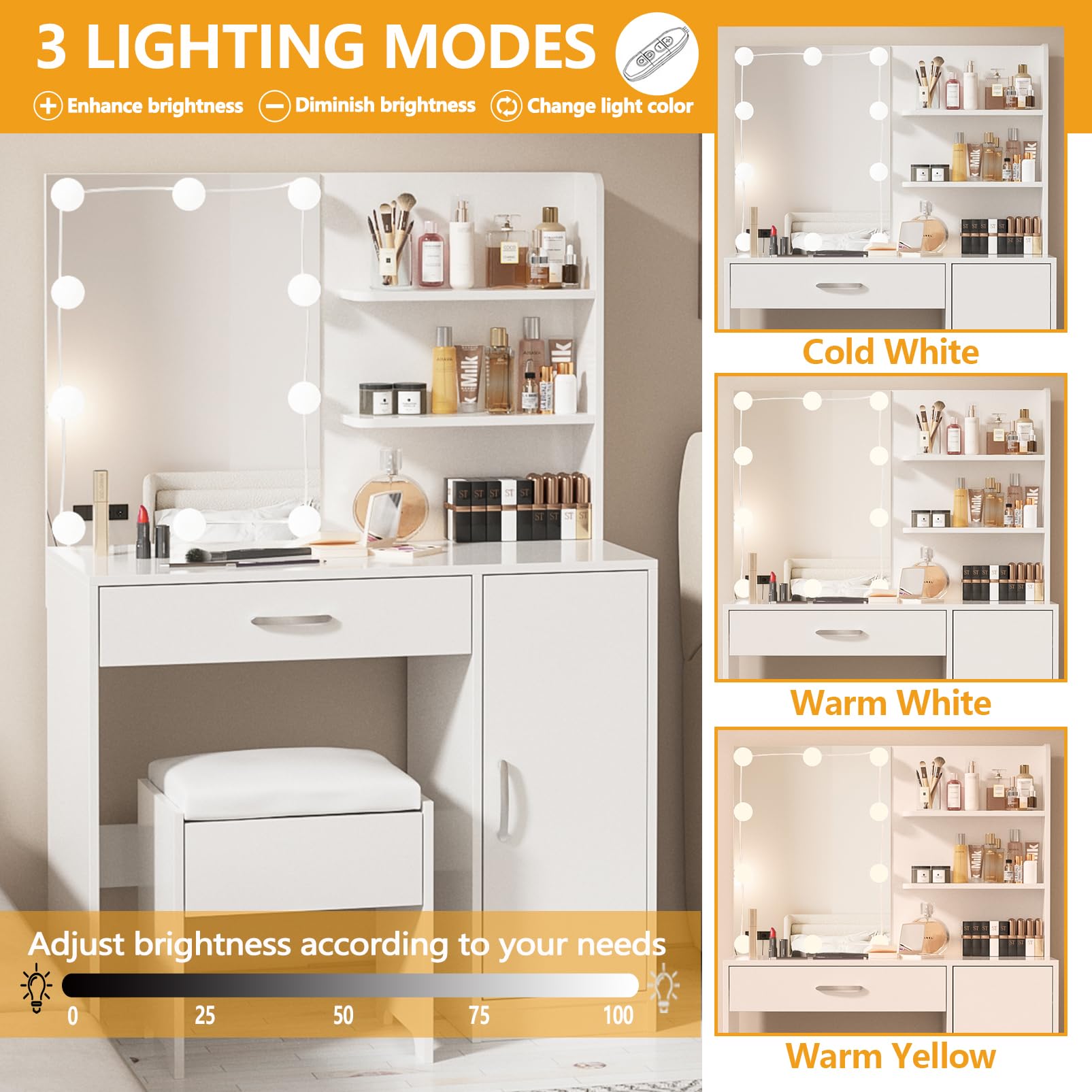 Professional Makeup Vanity with LED Lights - Adjustable Brightness & 3 Lighting Modes, Large Mirror & Storage Drawers - White Dressing Table for Bedroom | Perfect for Beauty Routines & Home Decor
